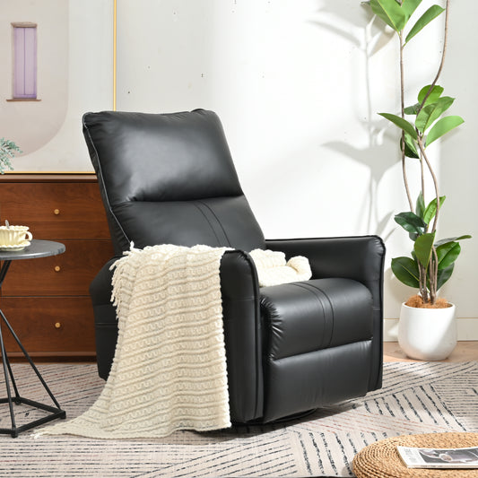 Black leather recliner chair with plush padding and a knitted throw