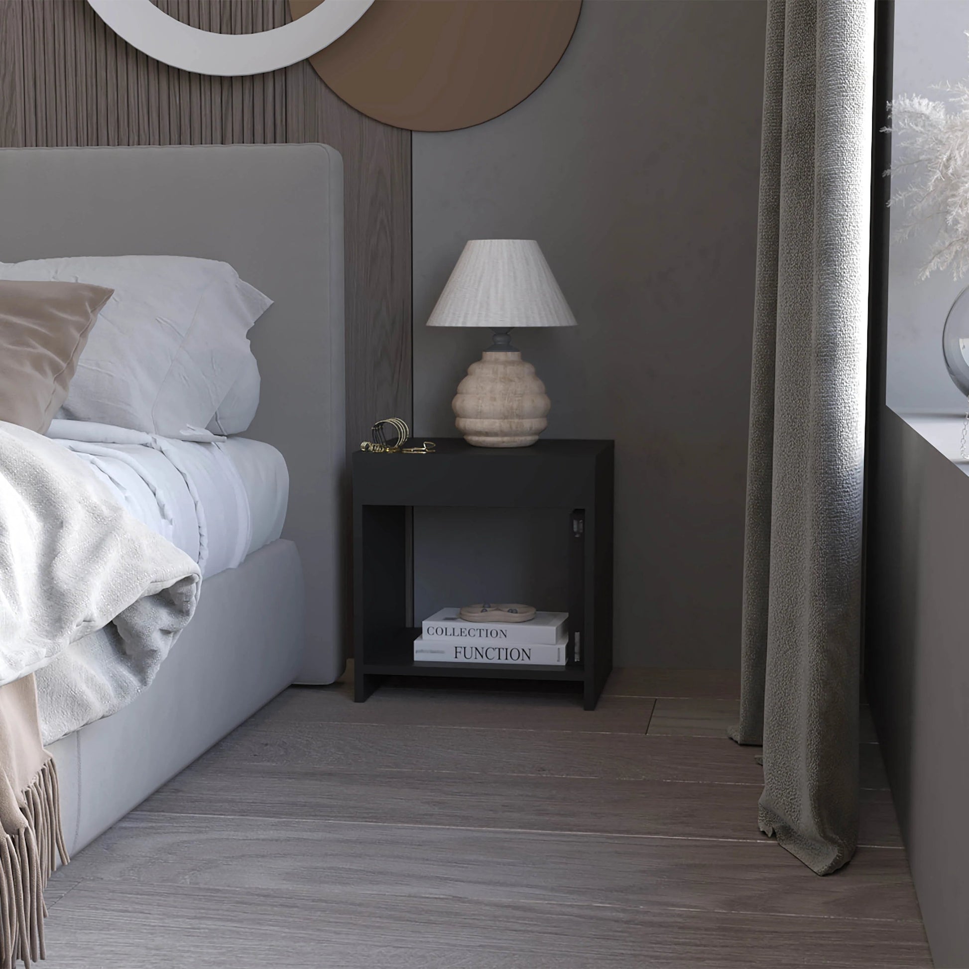 Textured beige lampshade on a ribbed ceramic base bedside table lamp