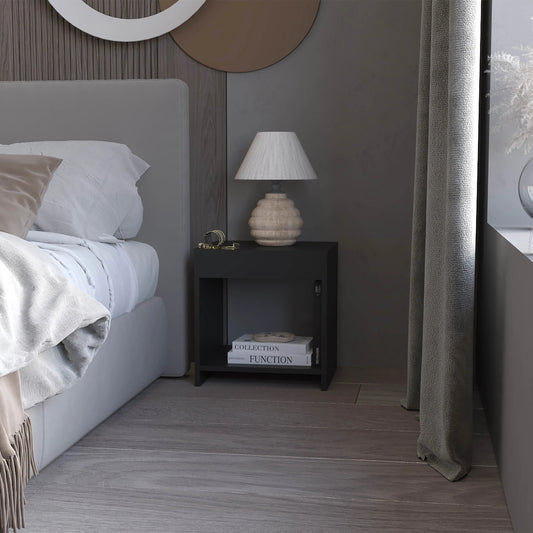 Textured beige lampshade on a ribbed ceramic base bedside table lamp