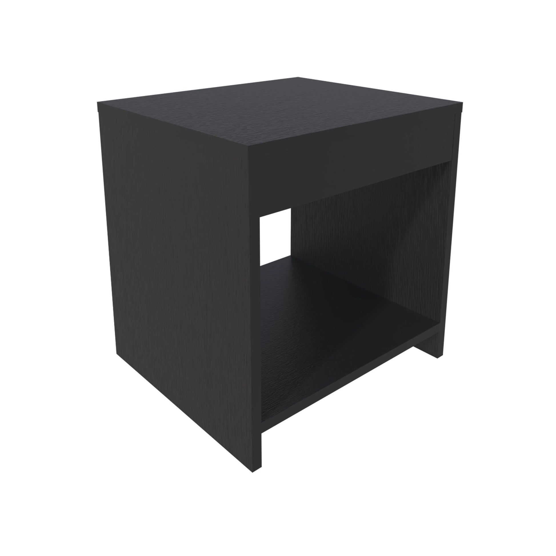 Dark wood bedside table with open shelf
