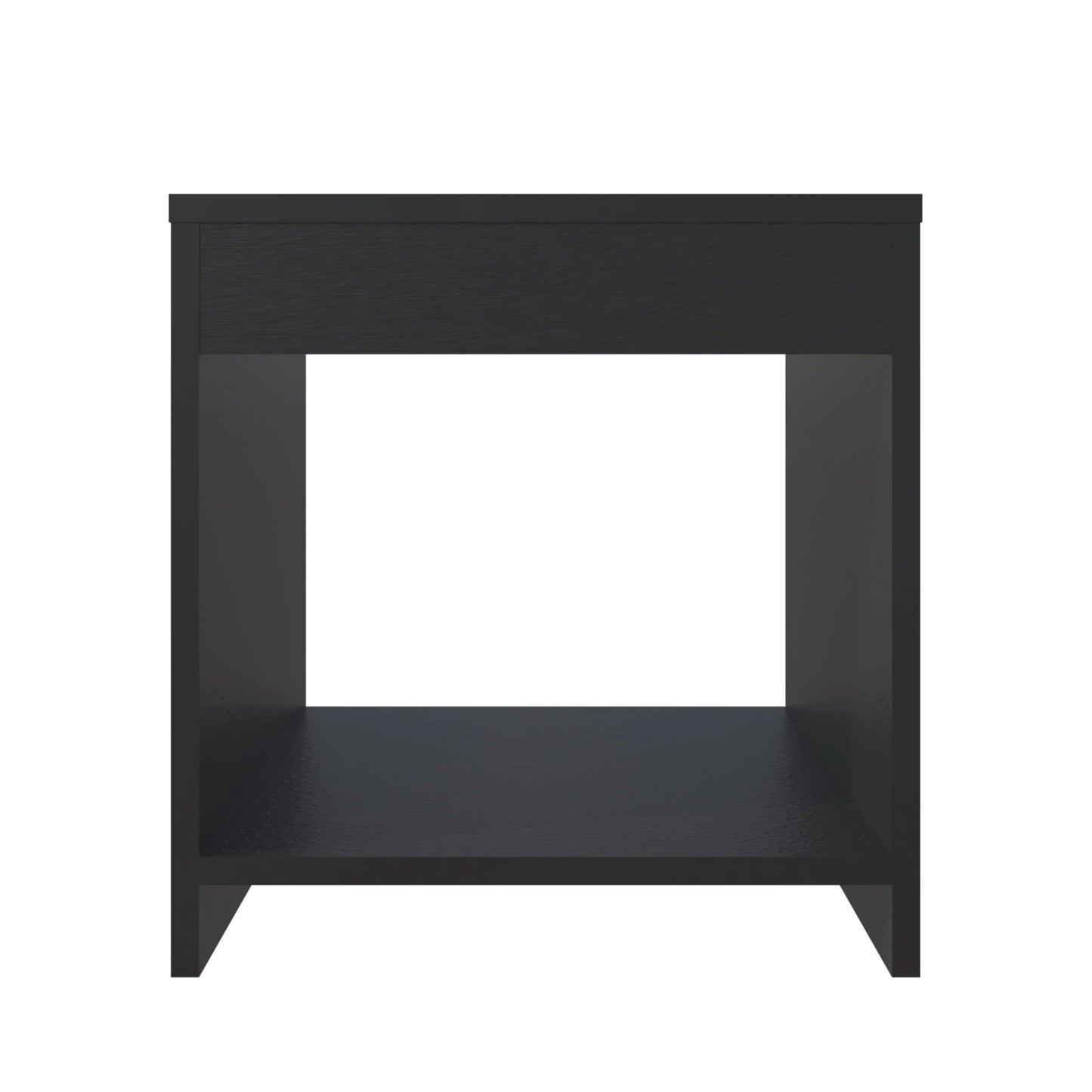 Black modern bedside table with open shelf and drawer