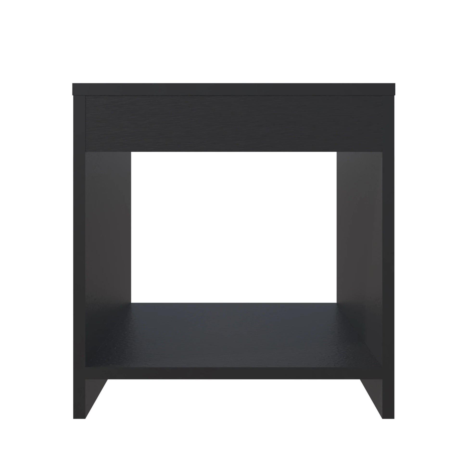 Black modern bedside table with open shelf and drawer