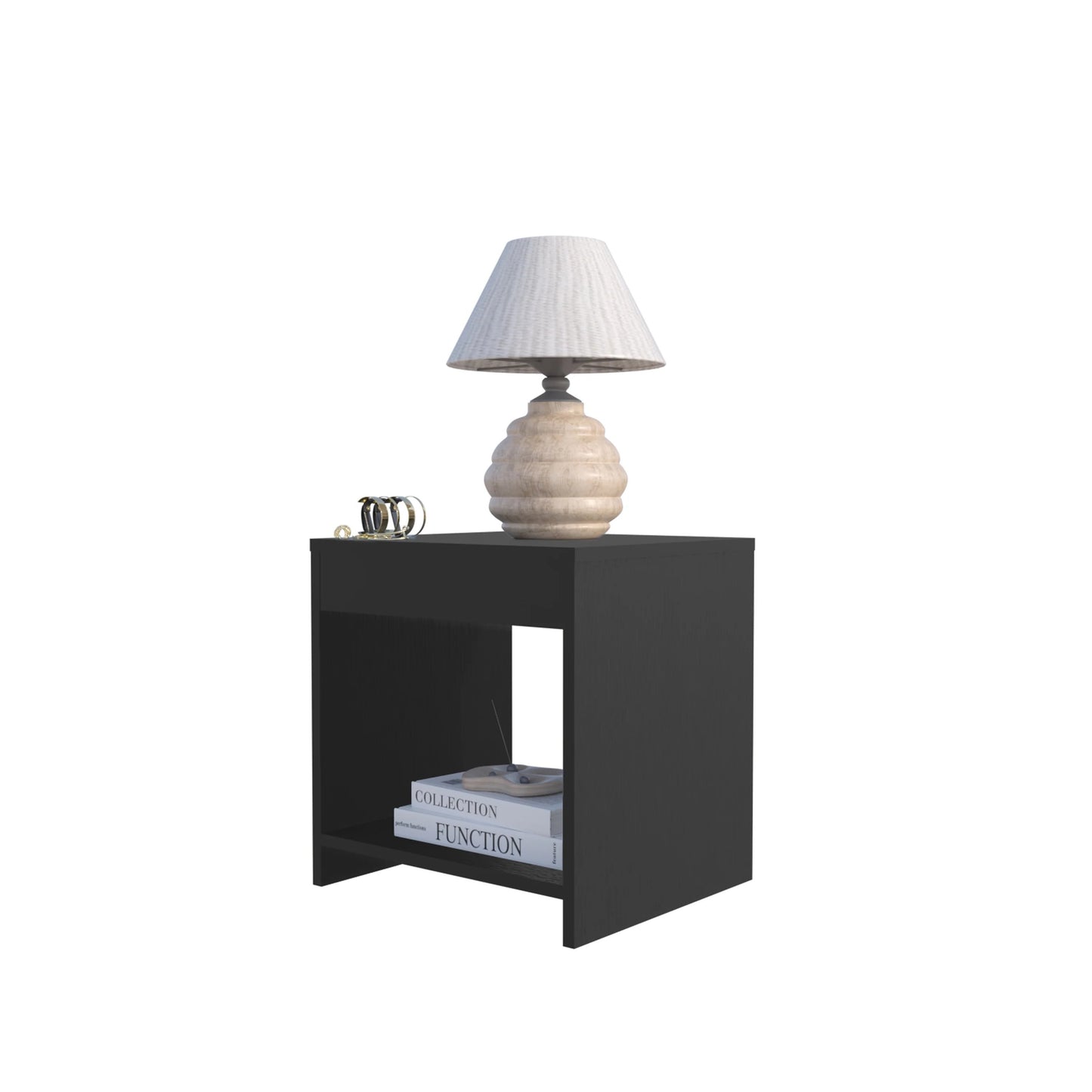 Black minimalist nightstand with woodgrain texture and open shelf