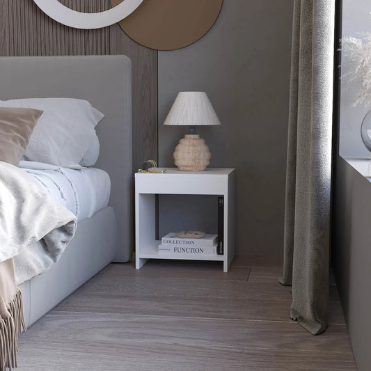 White modern nightstand with open shelf and lamp