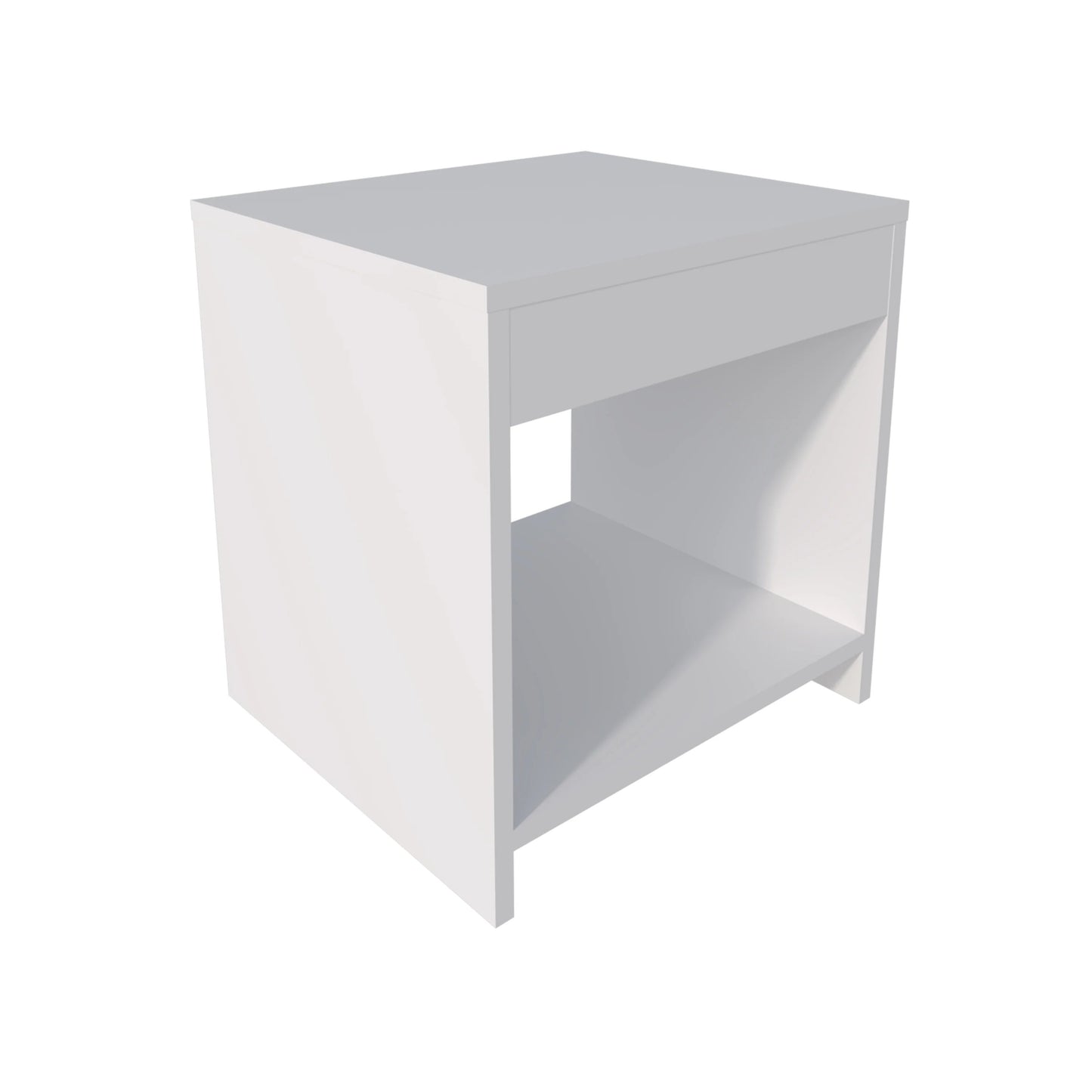 White minimalist nightstand with drawer and open shelf