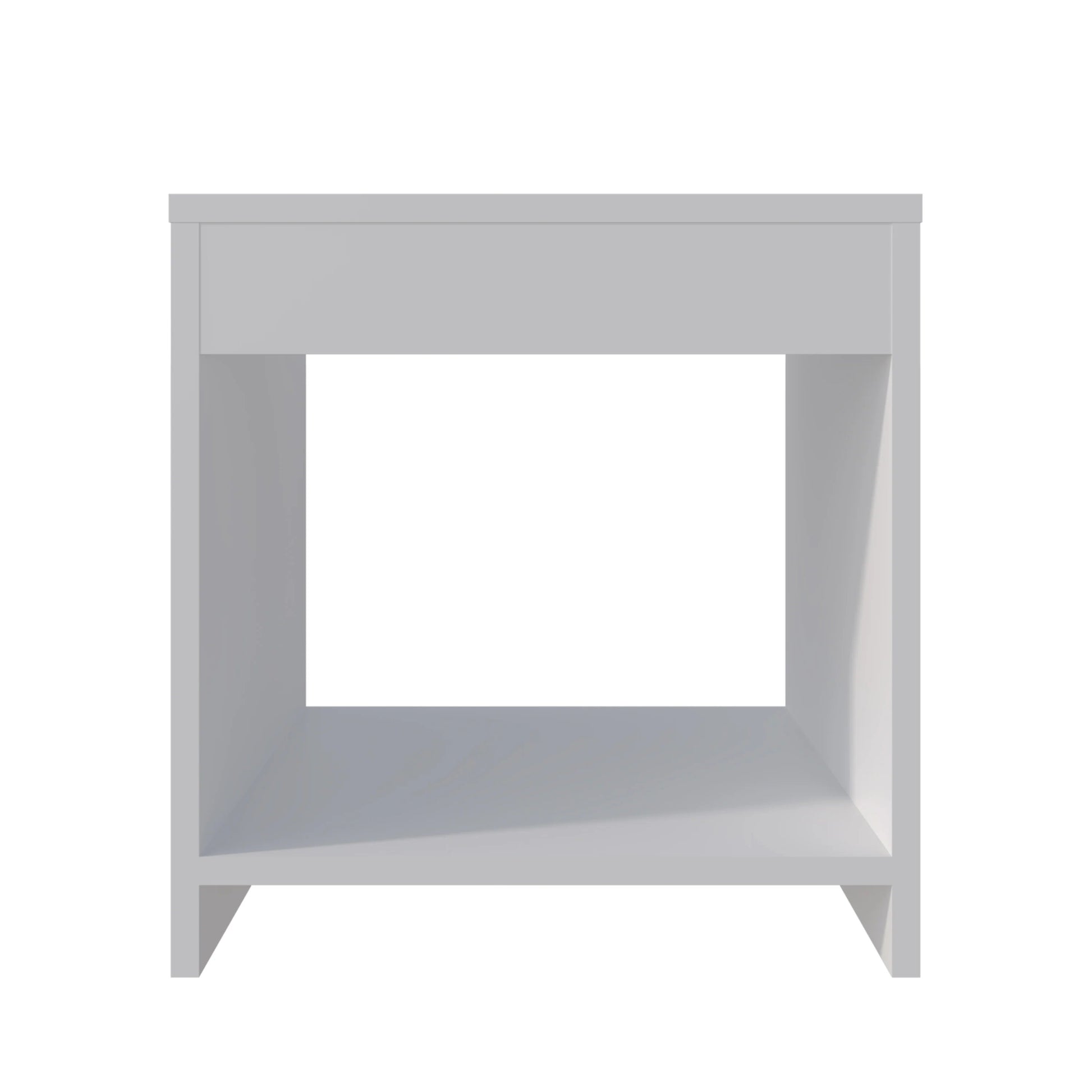 White minimalist bedside table with an open shelf and a single drawer