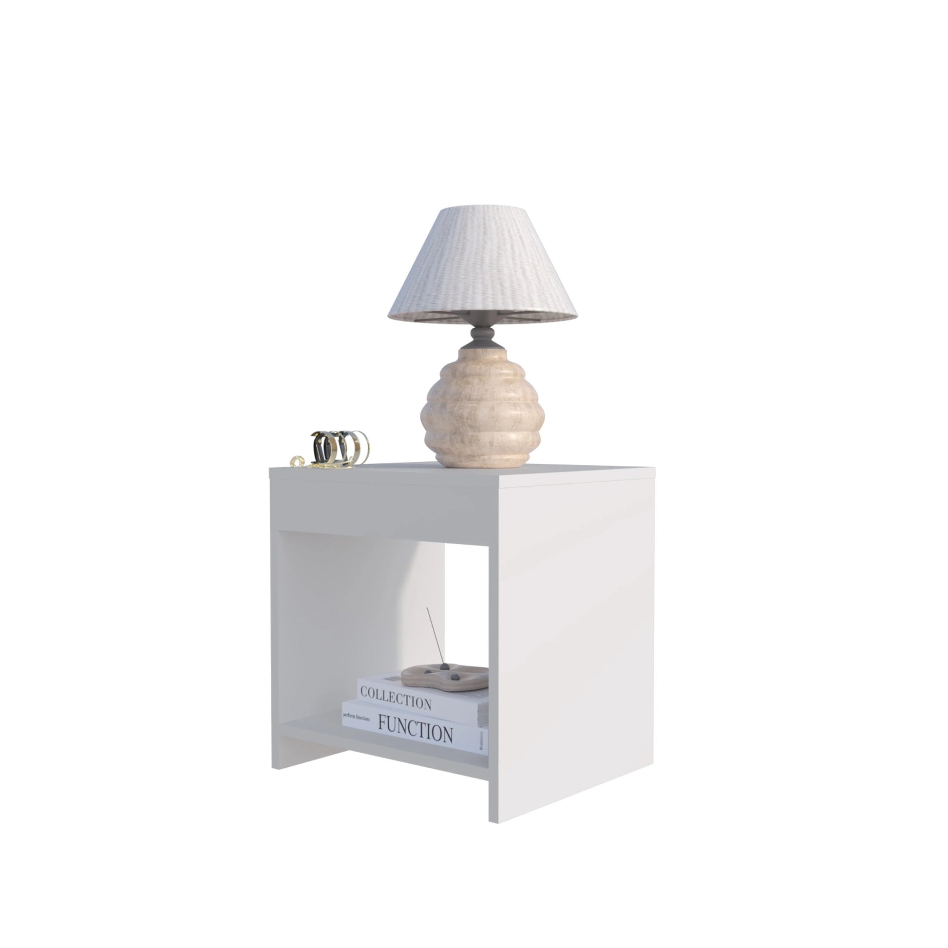 White modern end table with textured lampshade and gold decorative sphere