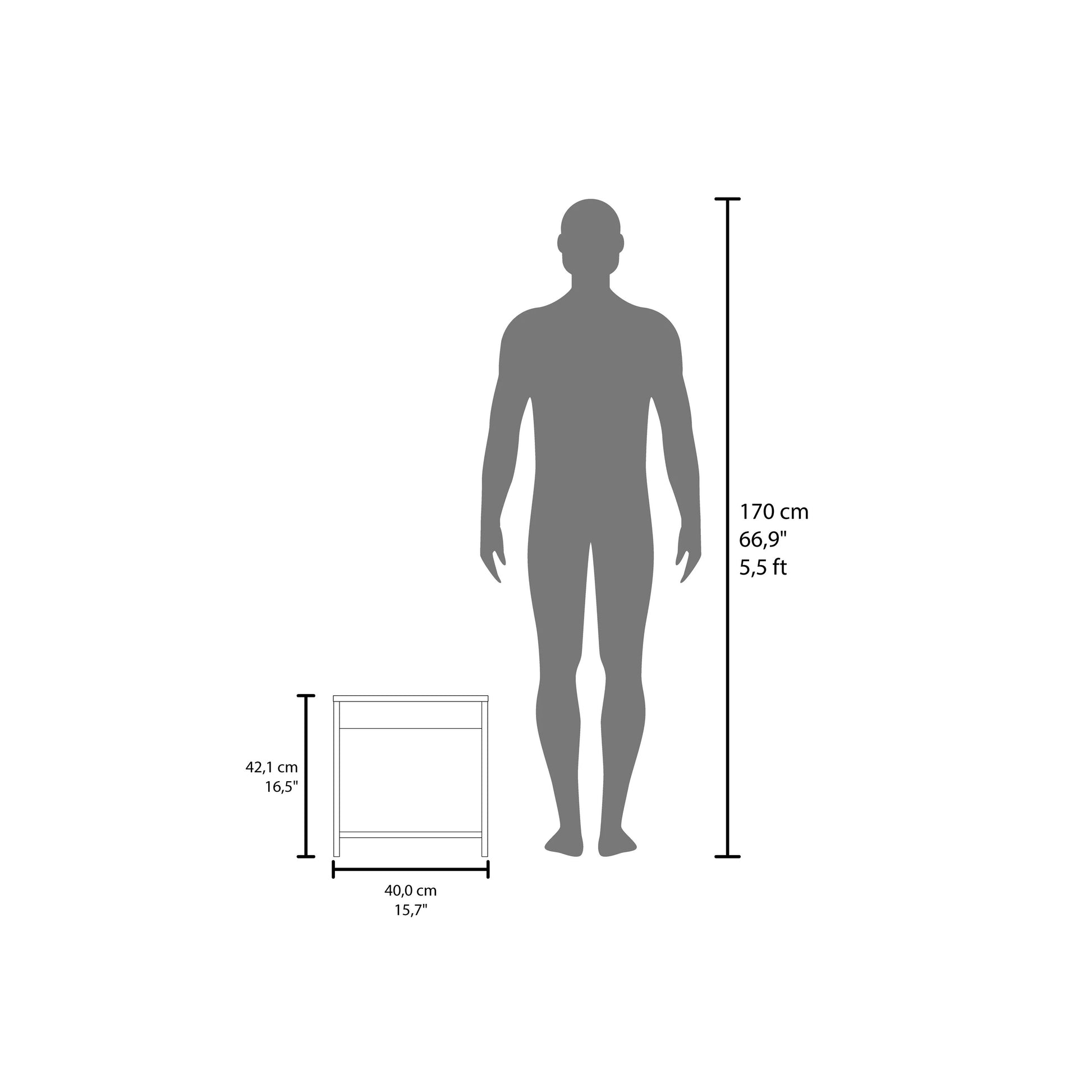 Scale illustration showing a cm human figure next to a white side table with dimensions xcm