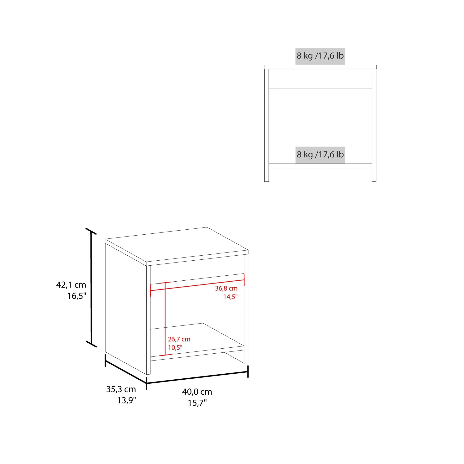 Diagram of a modern nightstand with dimensions indicated in cm and inches