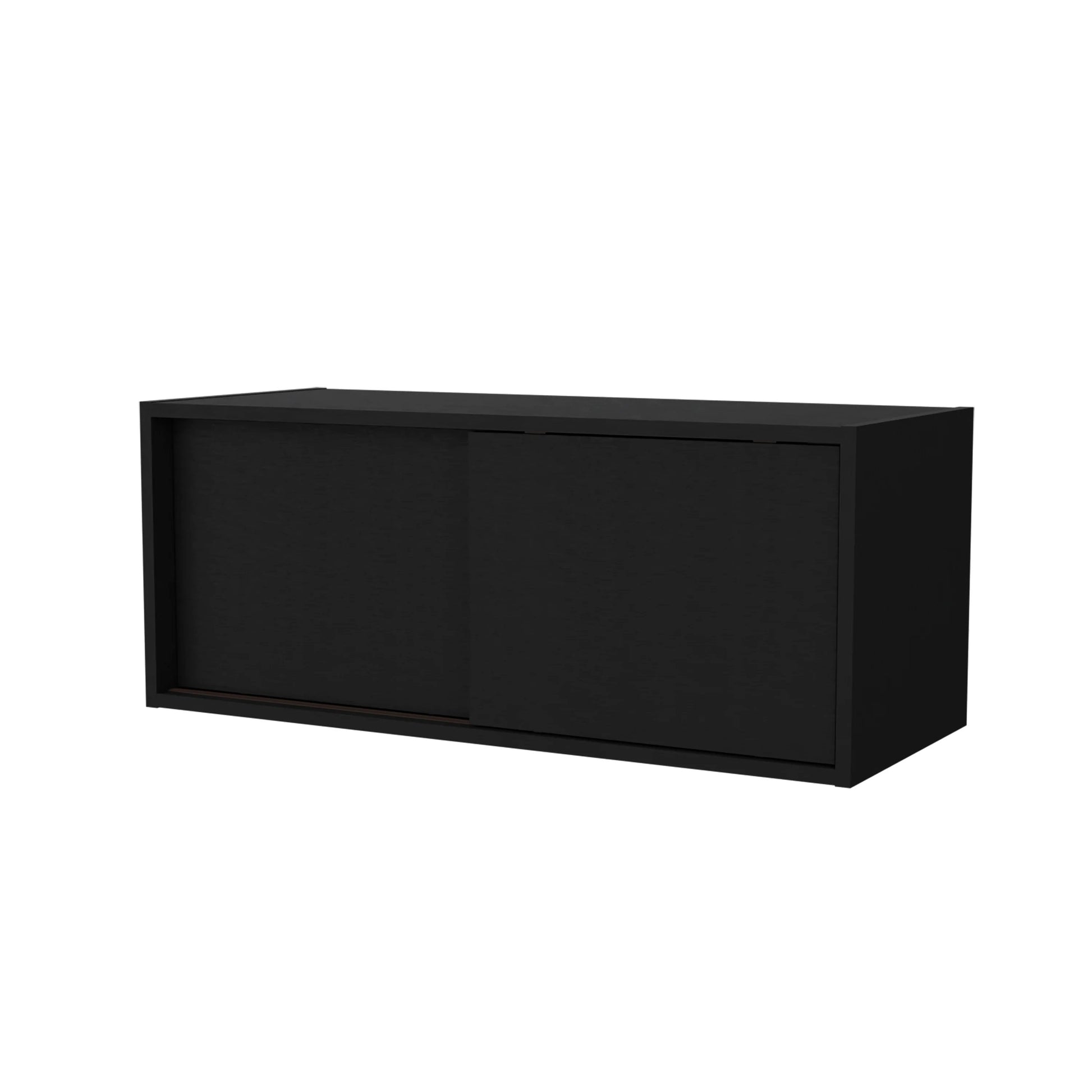 Sleek black modern media console with sliding doors for storage