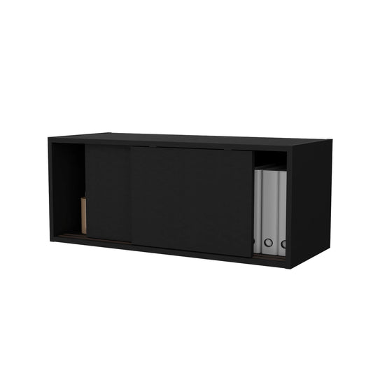Black modern wallmounted cabinet with sliding doors and open shelving