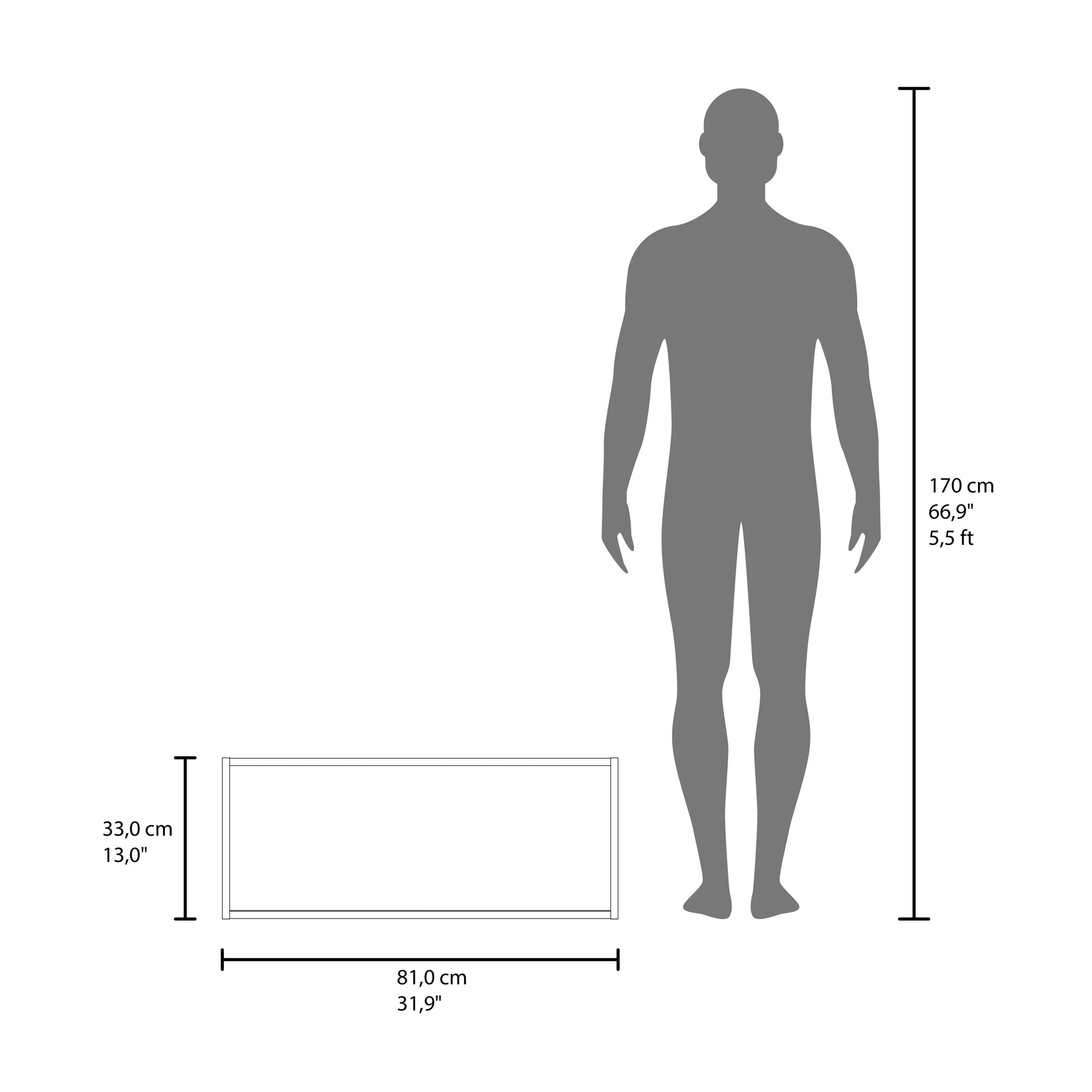 Diagram showing a  cm tall human silhouette next to a rectangular storage box measuring  cm x  cm