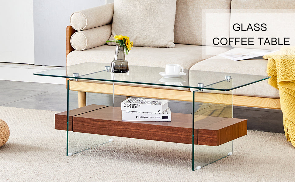 Clear glass coffee table with wood shelf
