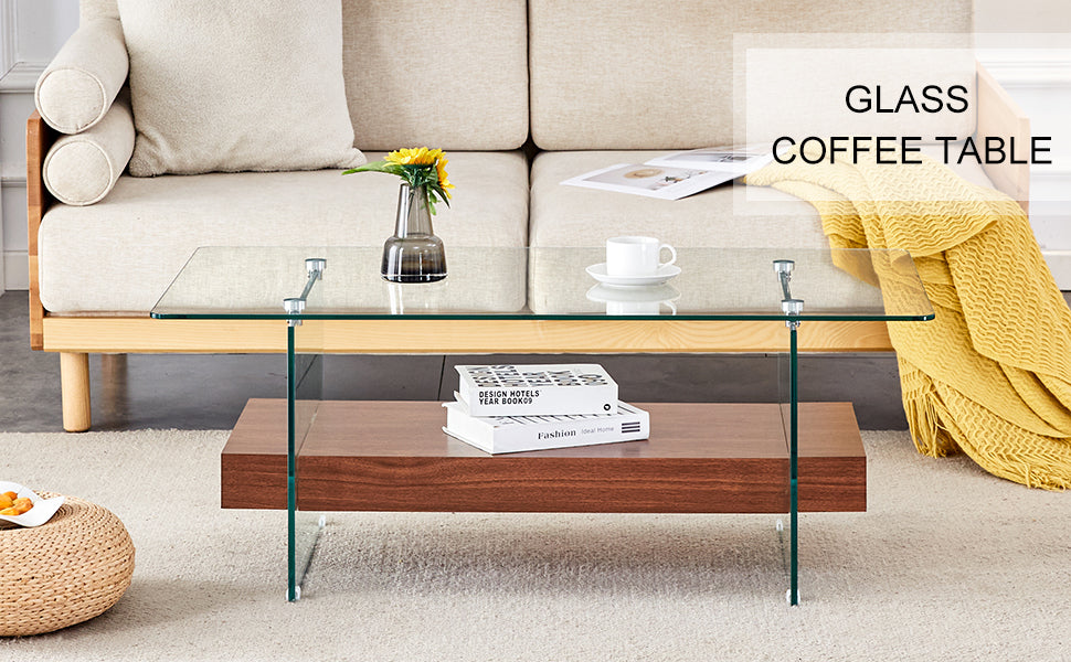 Modern glass coffee table with wood storage shelf