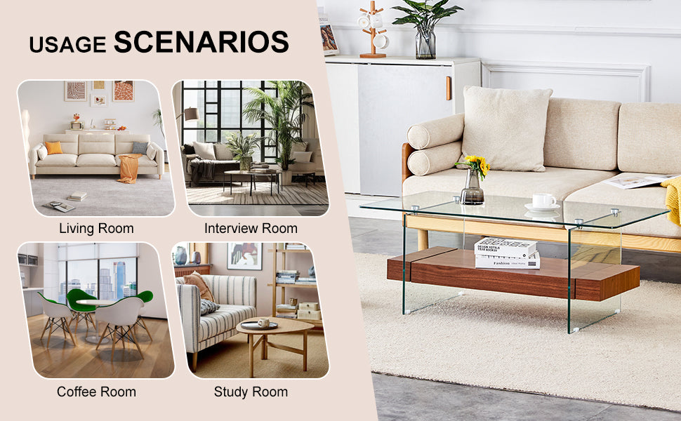 Modern glass coffee table with wooden shelf and neutral sofa