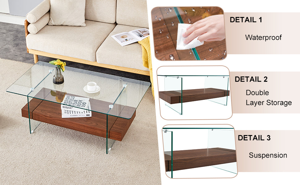 Modern glass coffee table with wood shelf and minimalist design