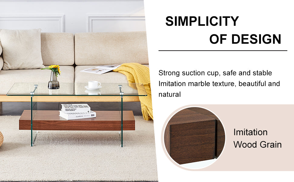 Modern glass coffee table with imitation wood grain shelf