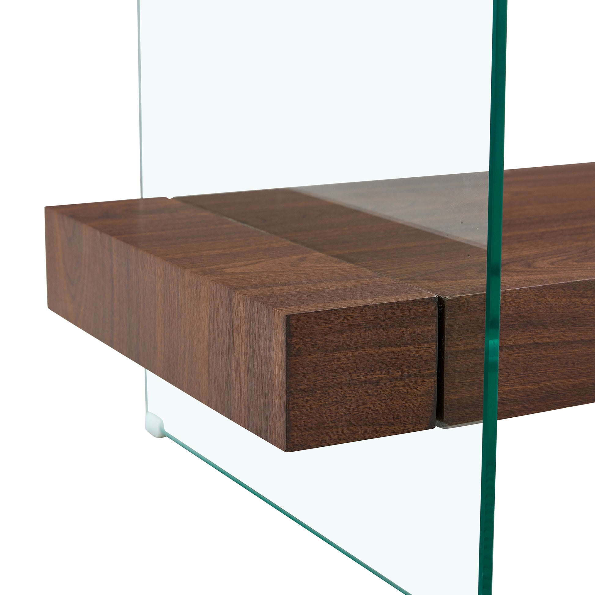 Modern floating walnut shelf with clear glass sides