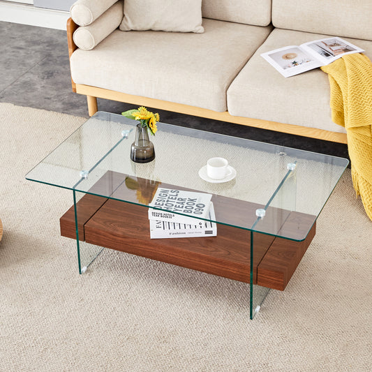Modern glass coffee table with walnut wood drawer