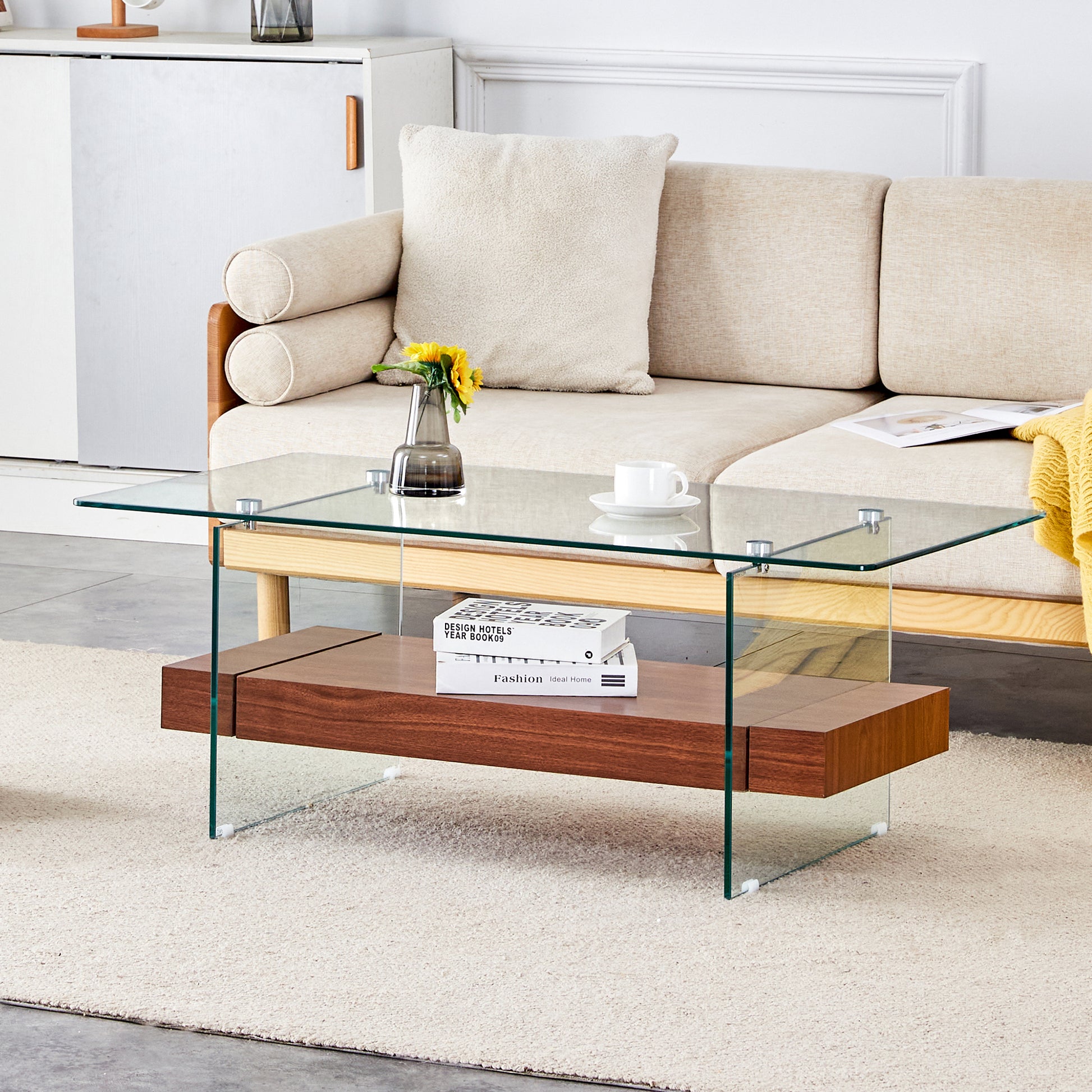 Modern glass coffee table with warm wood shelf