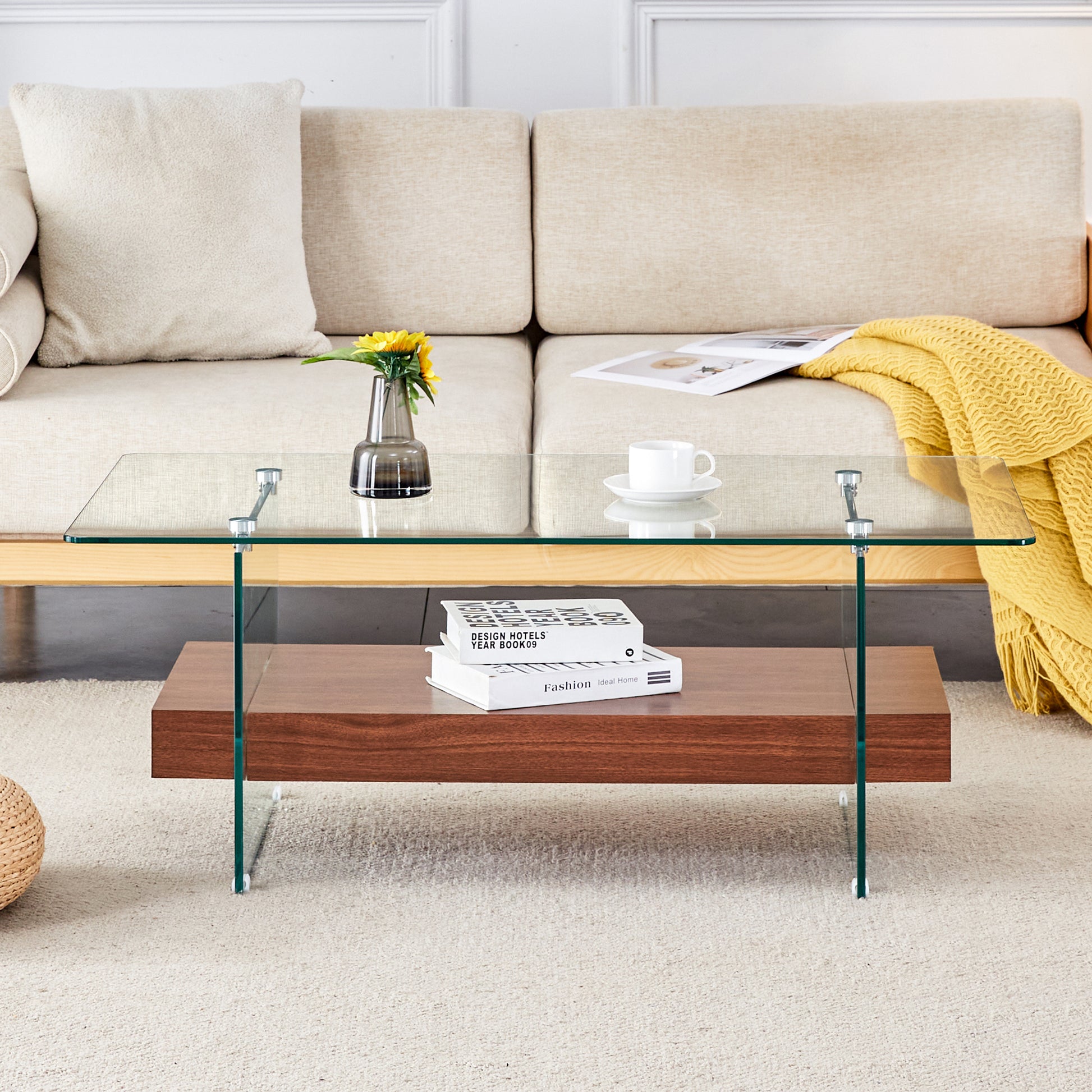 Glass top coffee table with walnut finish shelf and chrome legs