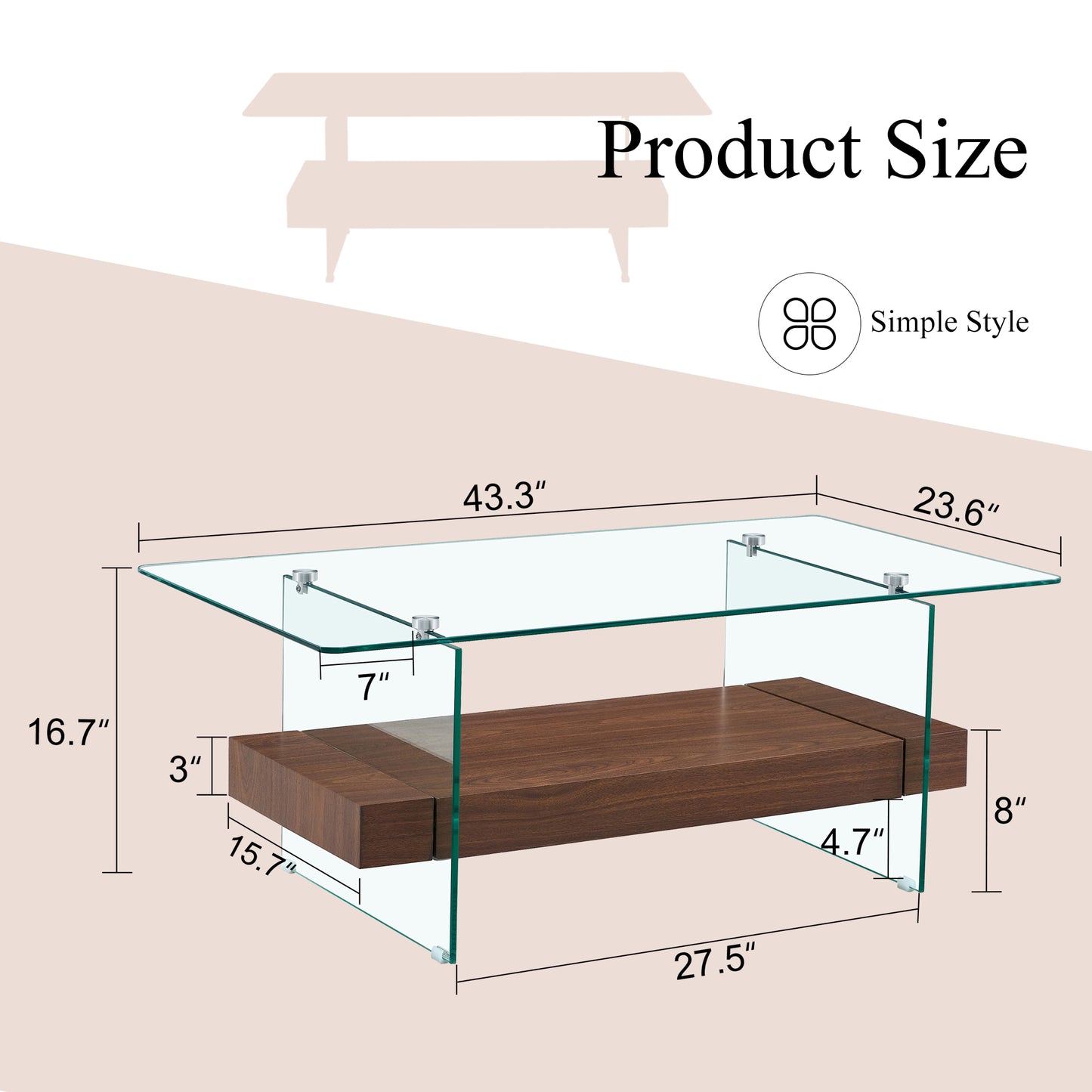 Glass top coffee table with rich walnut finish drawer