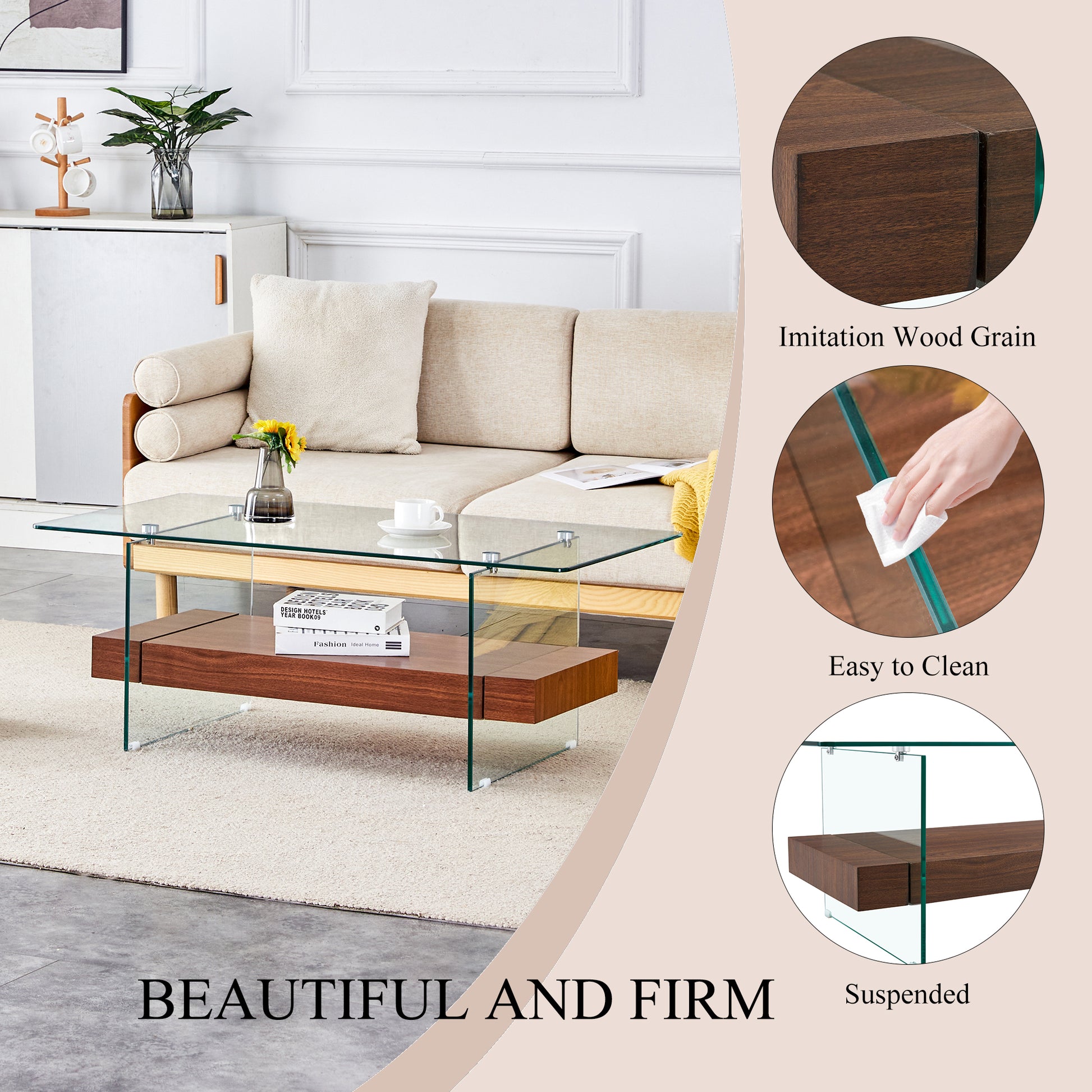 Modern glass coffee table with woodeffect shelf
