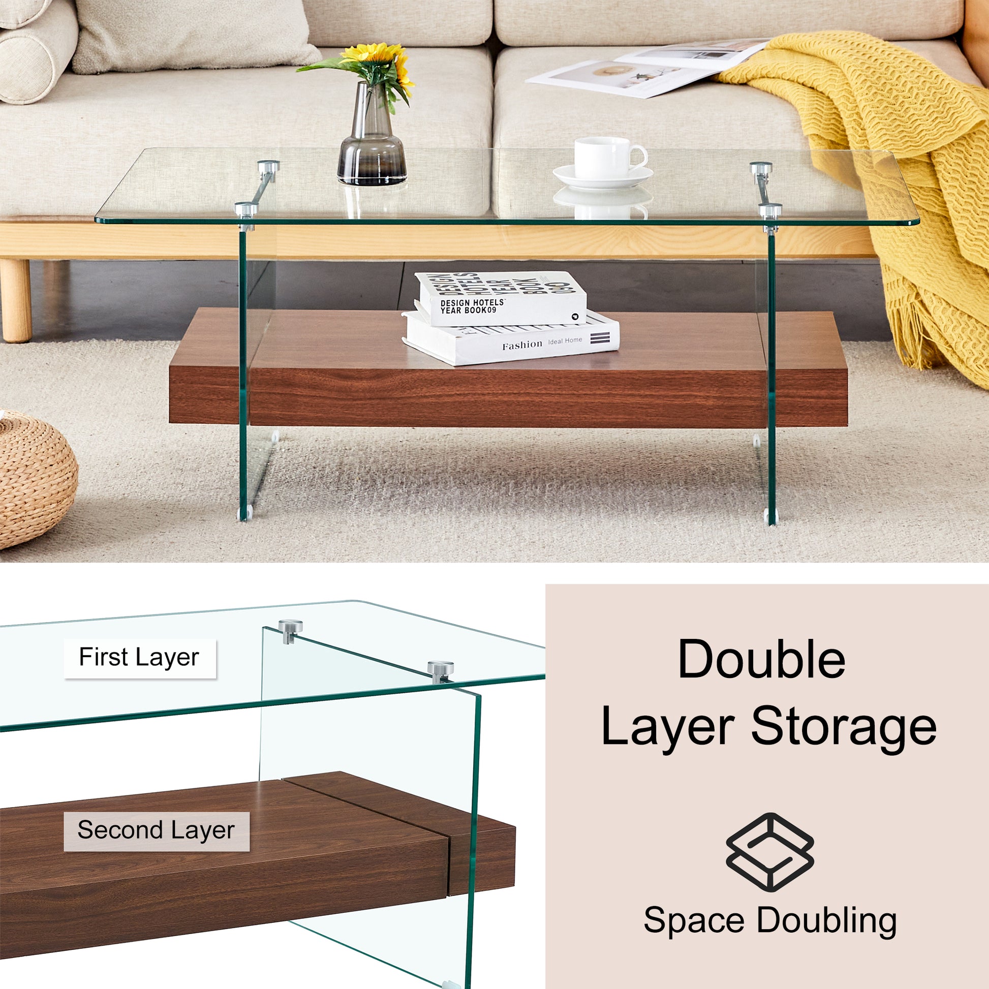 Modern glass coffee table with double layer walnut finish shelf