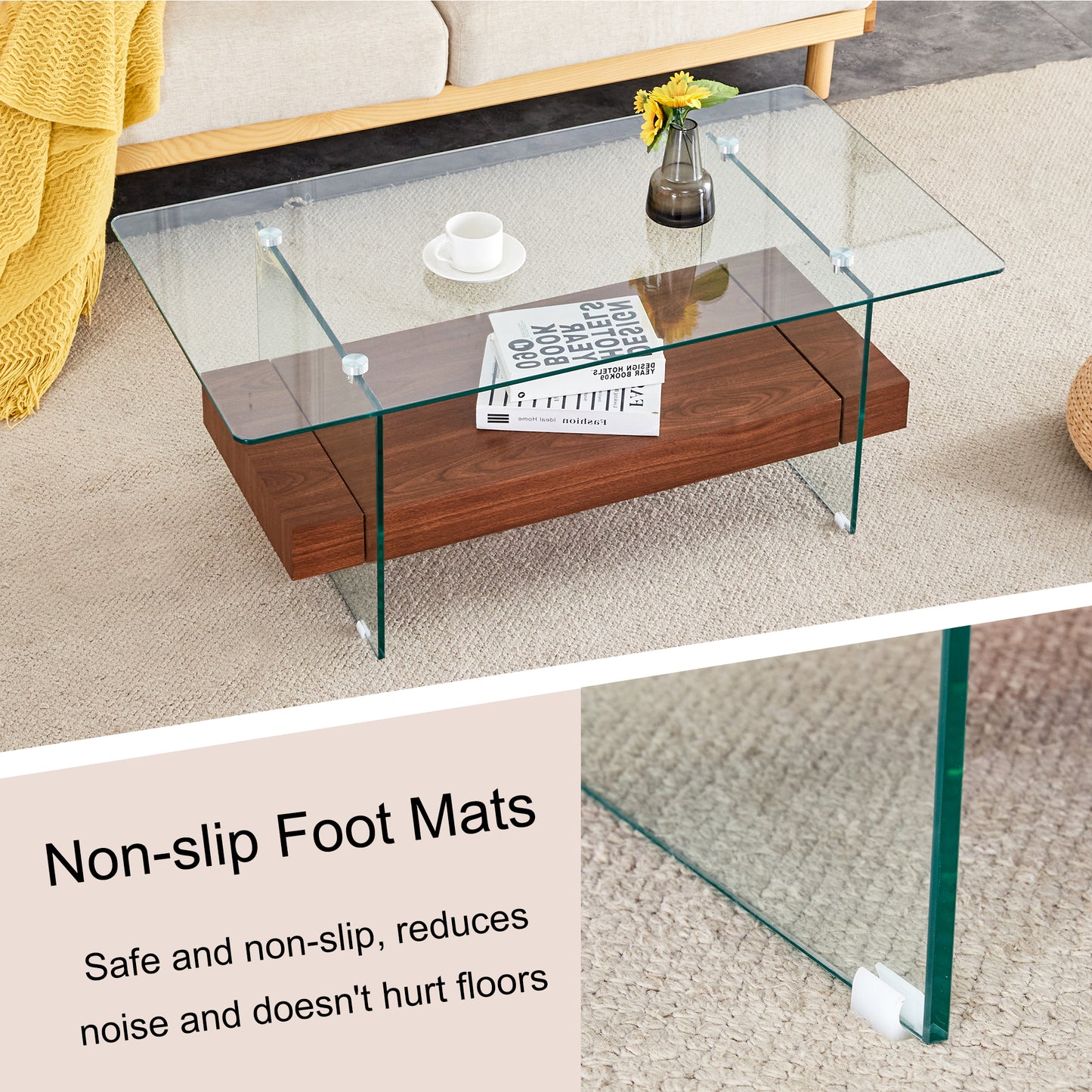 Modern glass coffee table with wooden shelf and minimalist design