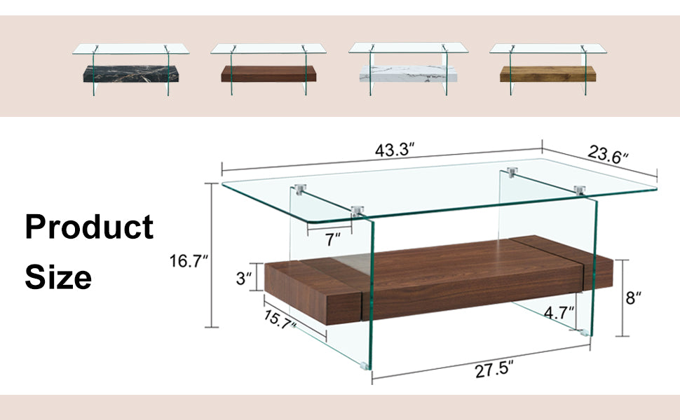 Modern glass coffee table with walnut finish shelf