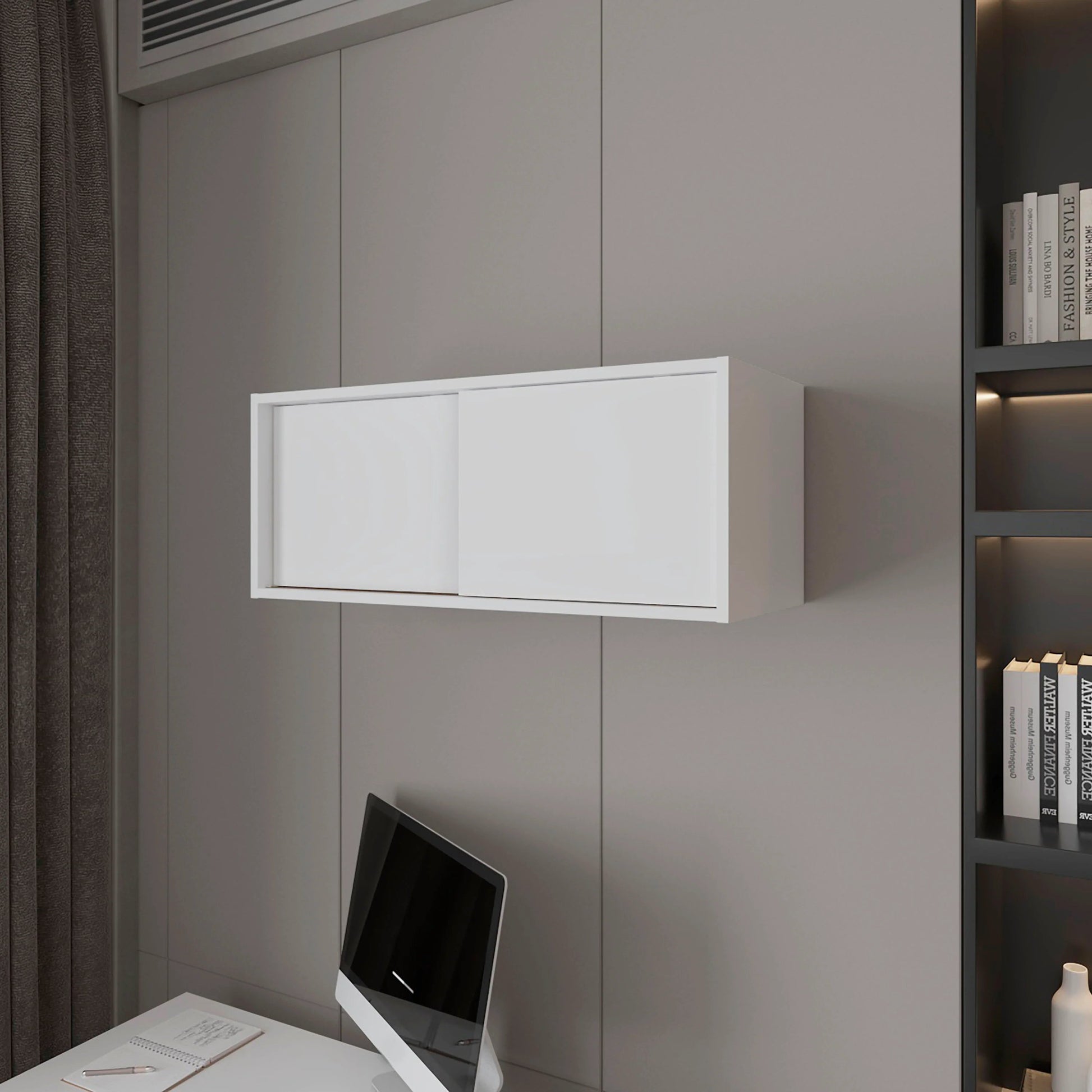 White floating wall cabinet with sliding door for modern home storage