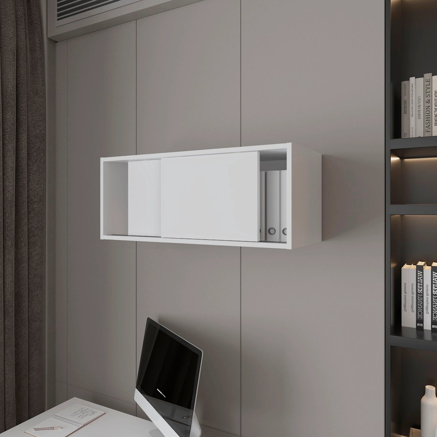 Modern white wall mounted cabinet with sliding doors for minimalist storage