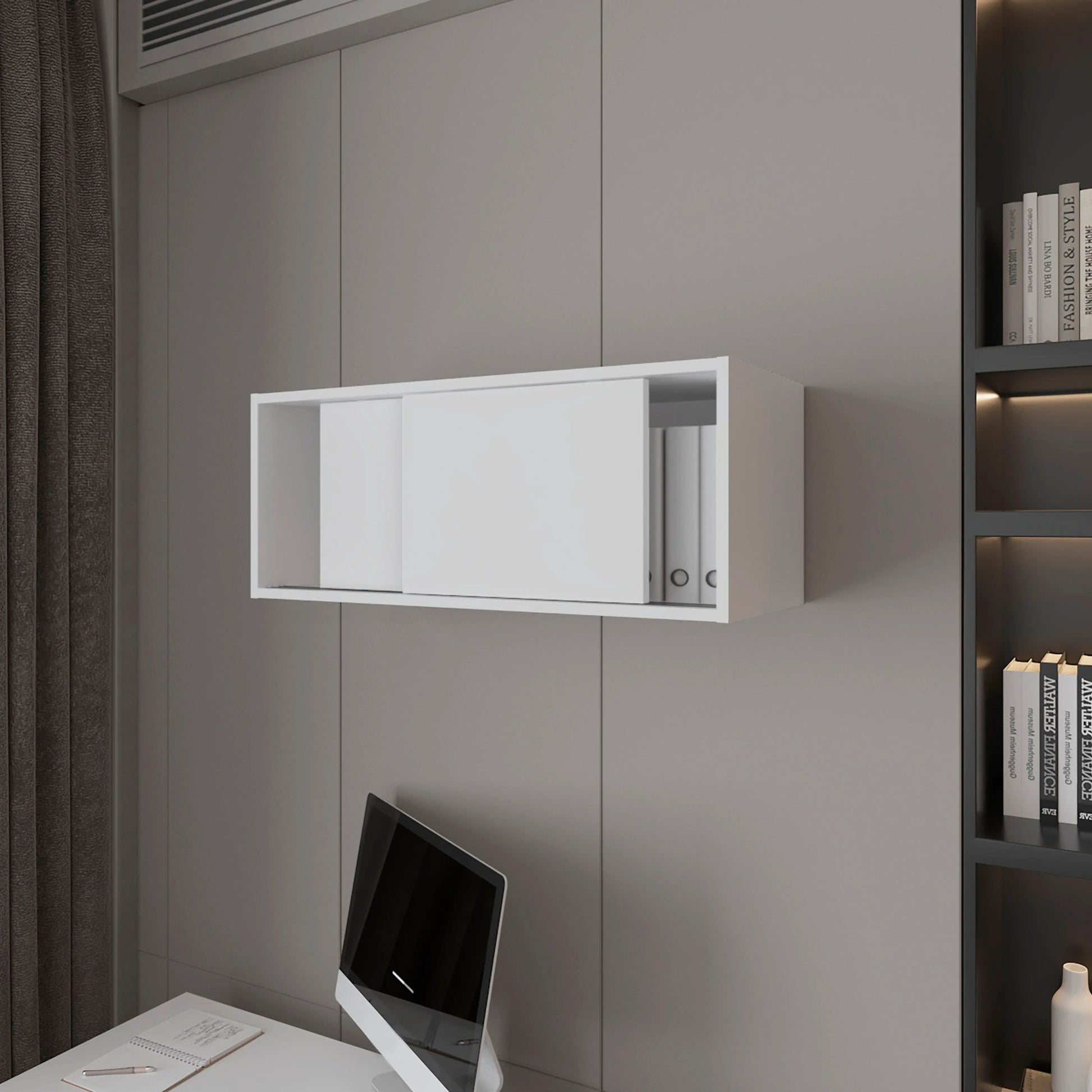 Modern white wall mounted cabinet with sliding doors for minimalist storage