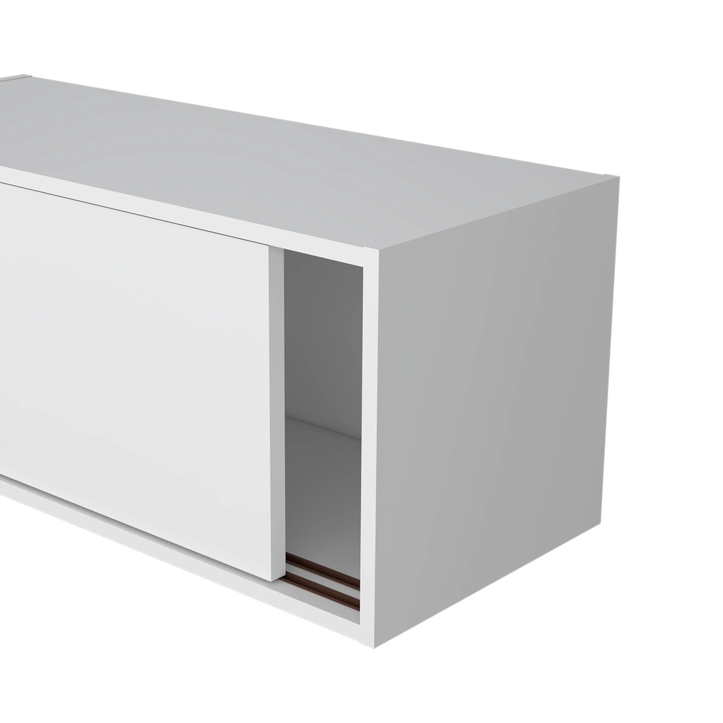 White minimalist storage cabinet with sliding door and visible tracks
