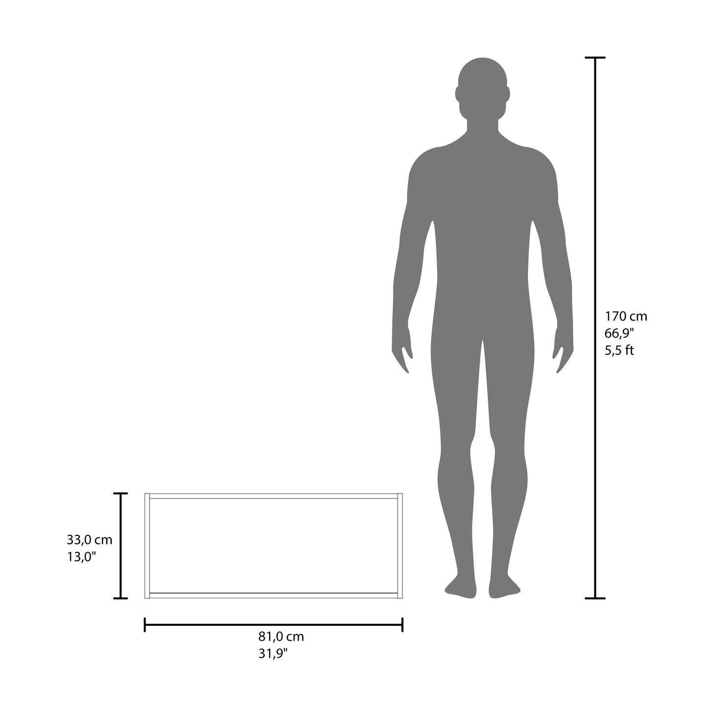Product dimension infographic showing a  inch long storage box beside a  inch silhouette