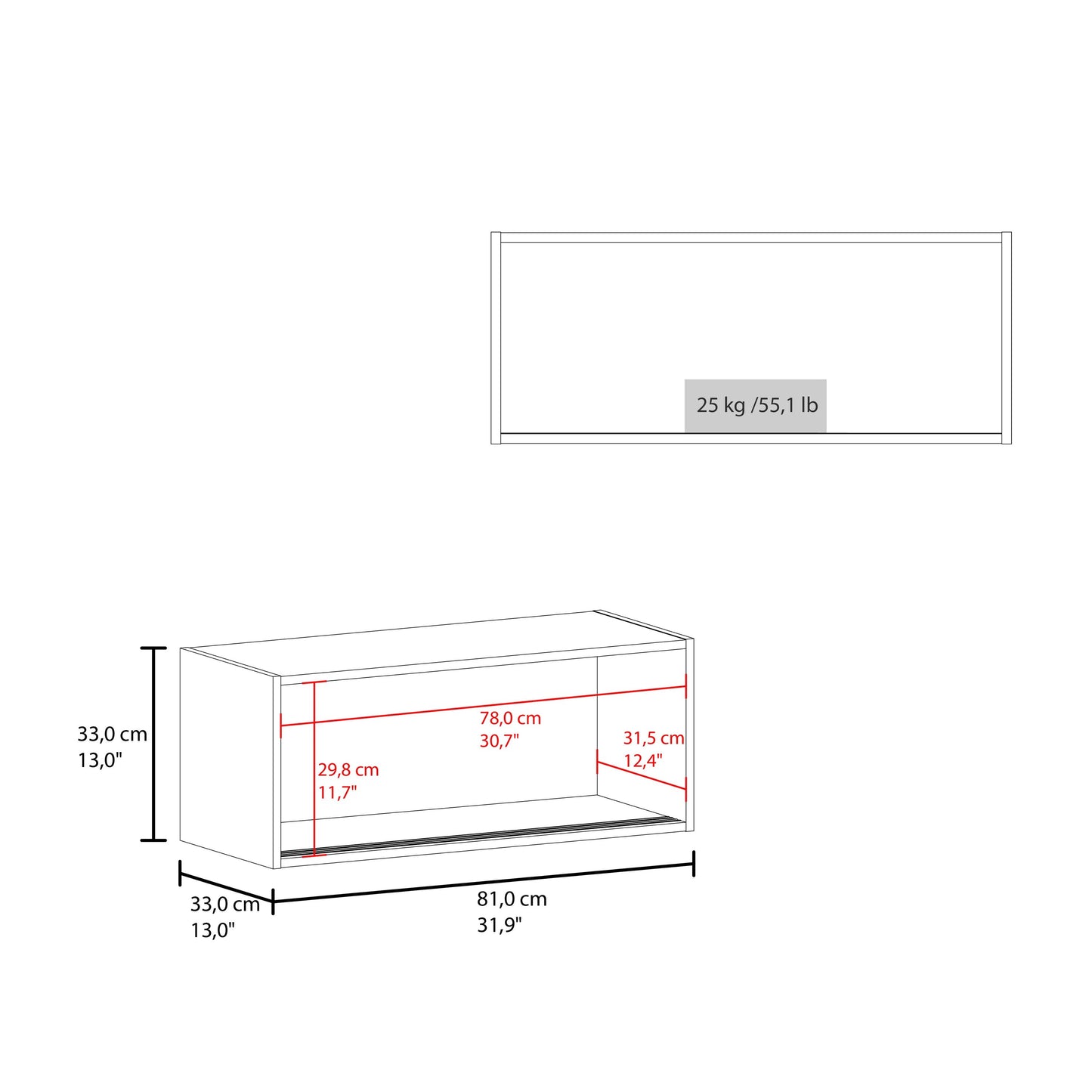 Line drawing of a white storage cabinet with dimensions
