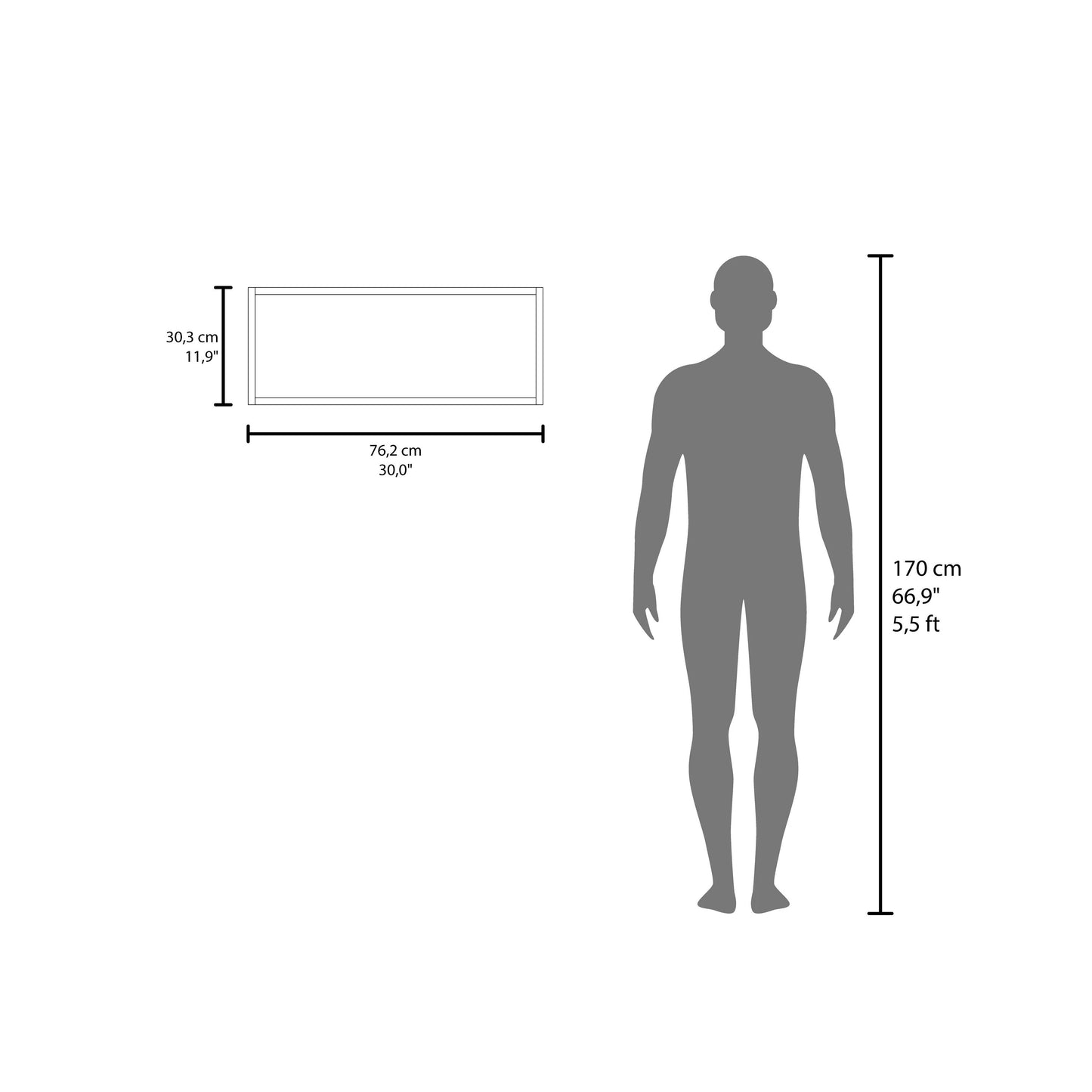 Diagram showing a shelf cm wide and cm deep next to a cm human silhouette