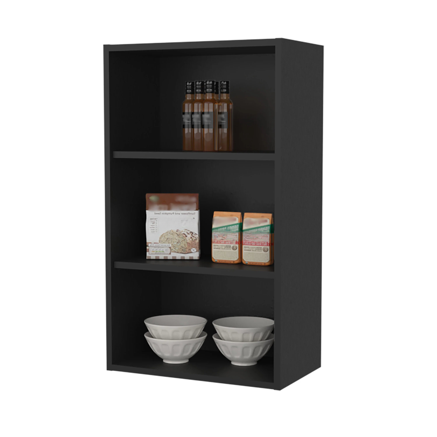 Black modern shelving unit with kitchen essentials