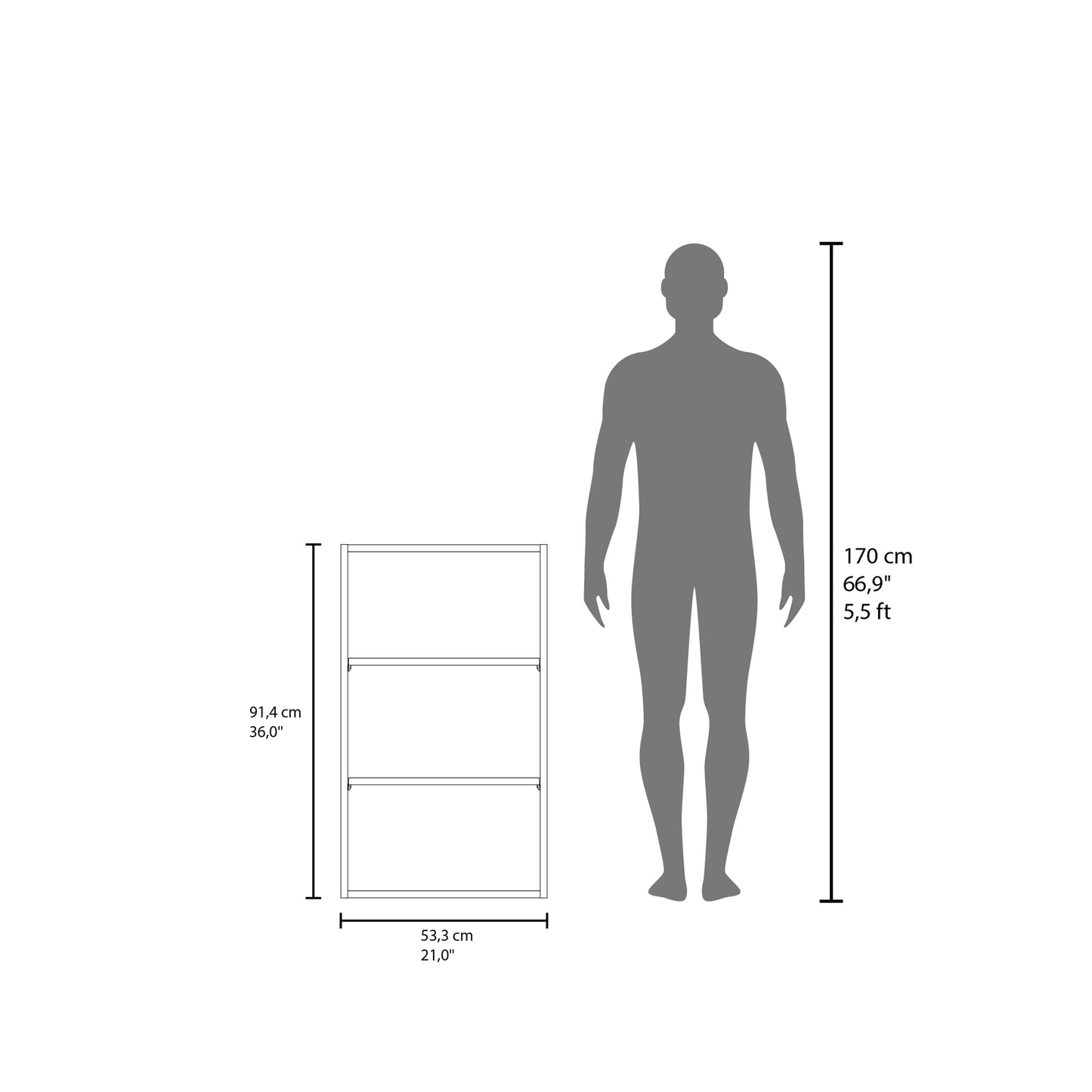 Line drawing of a threeshelf shelving unit beside a human silhouette for scale