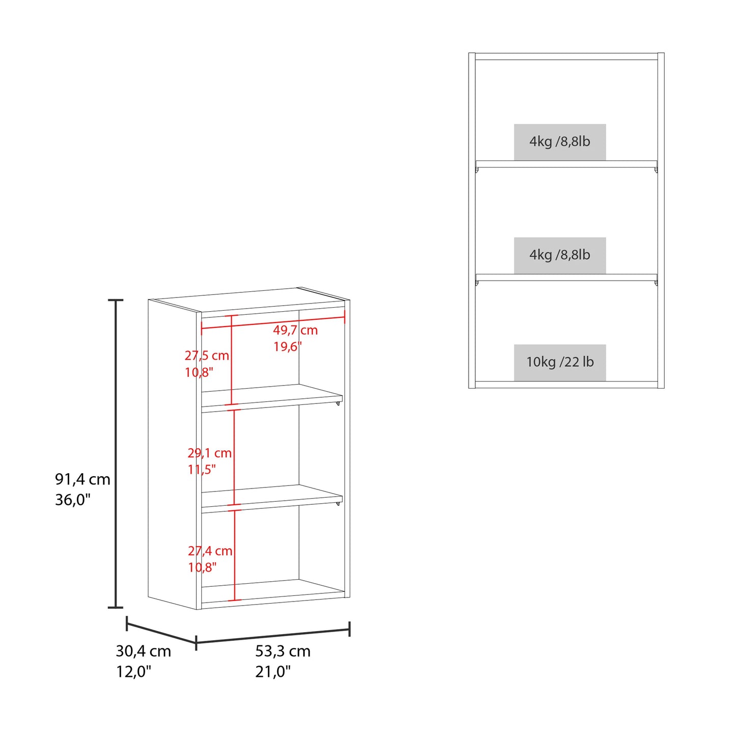 Diagram of a white threeshelf bookcase with dimensions labeled for width height and shelf depth