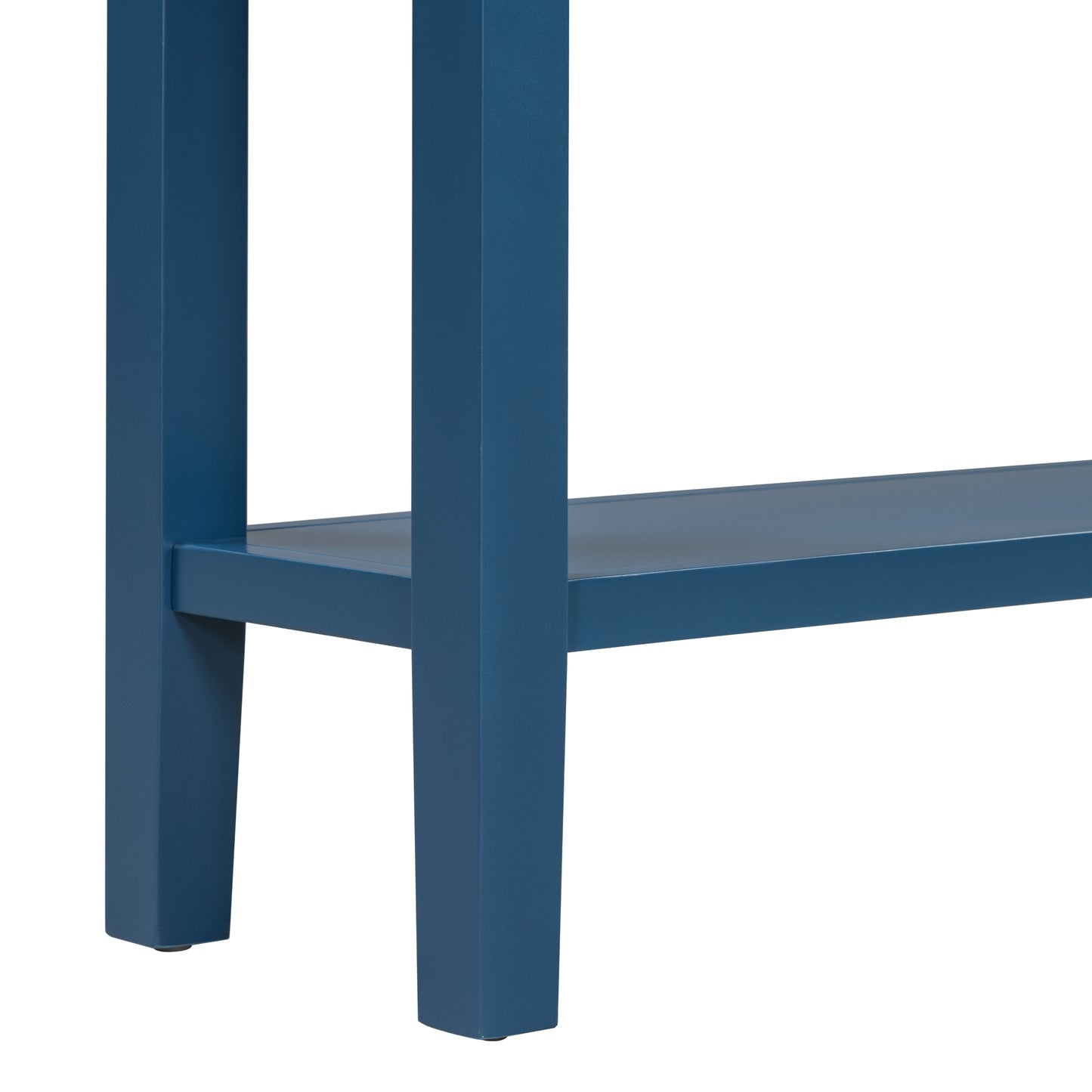 Closeup of a matte navy blue entryway table leg and shelf support