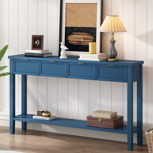 Blue wood console table with four drawers and a lower shelf