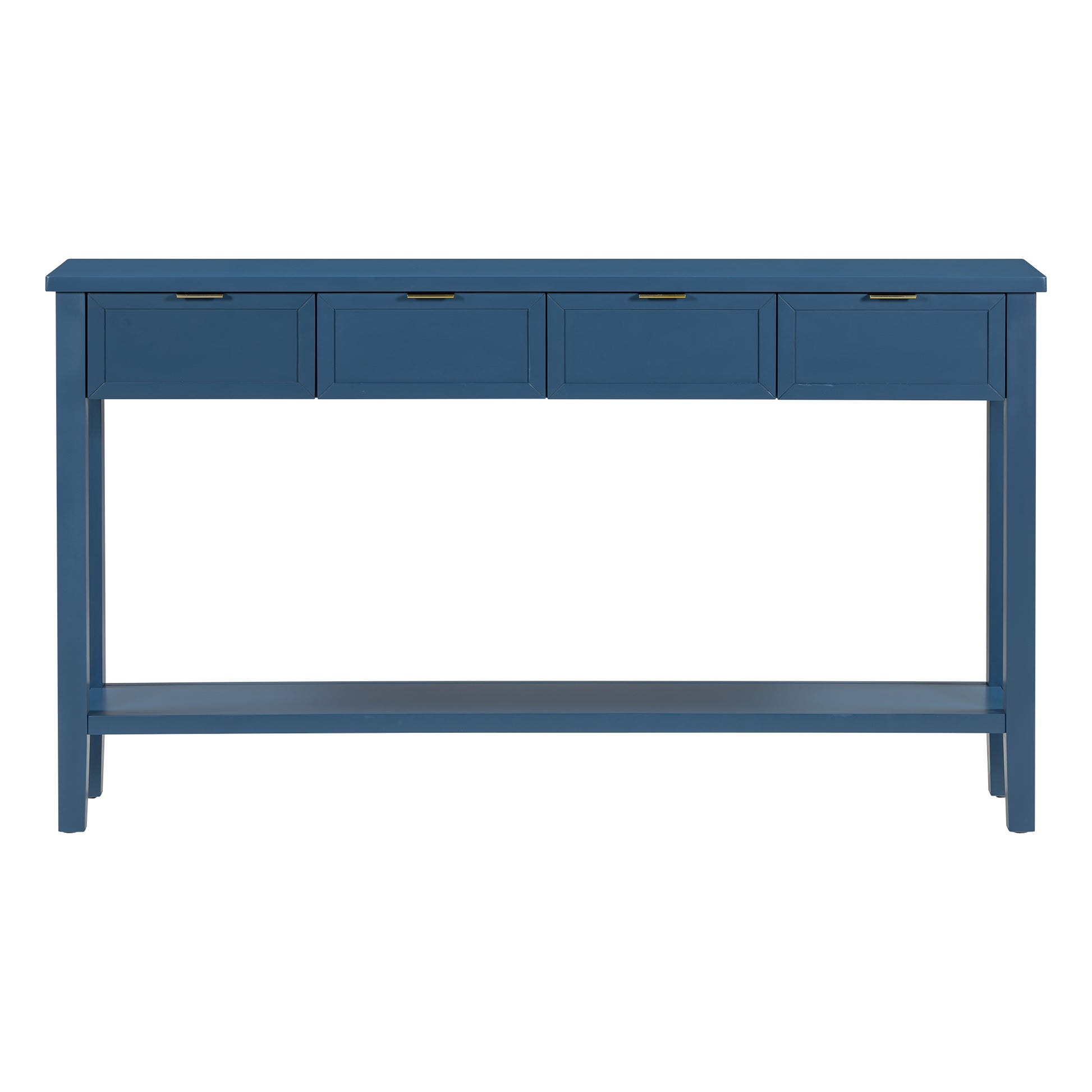 Navy blue wooden console table with four drawers and a lower shelf
