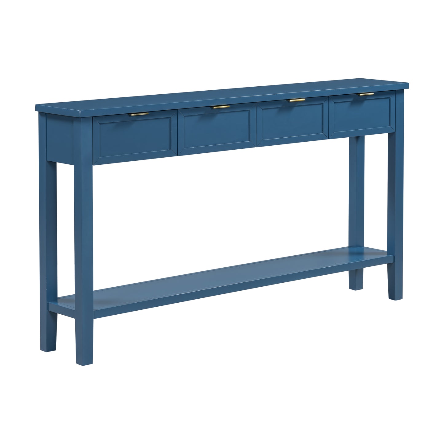Blue console table with four drawers and a lower shelf