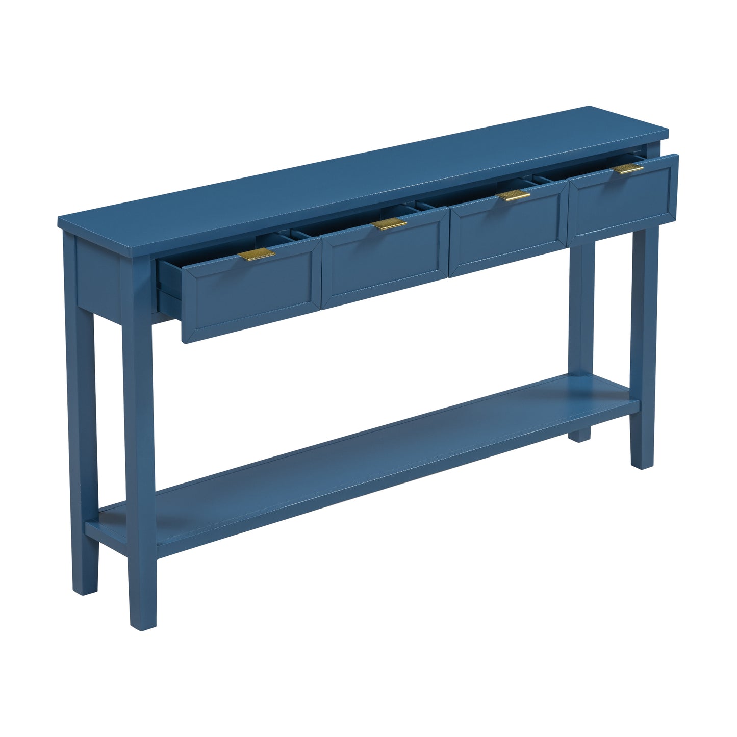 Blue narrow console table with gold hardware