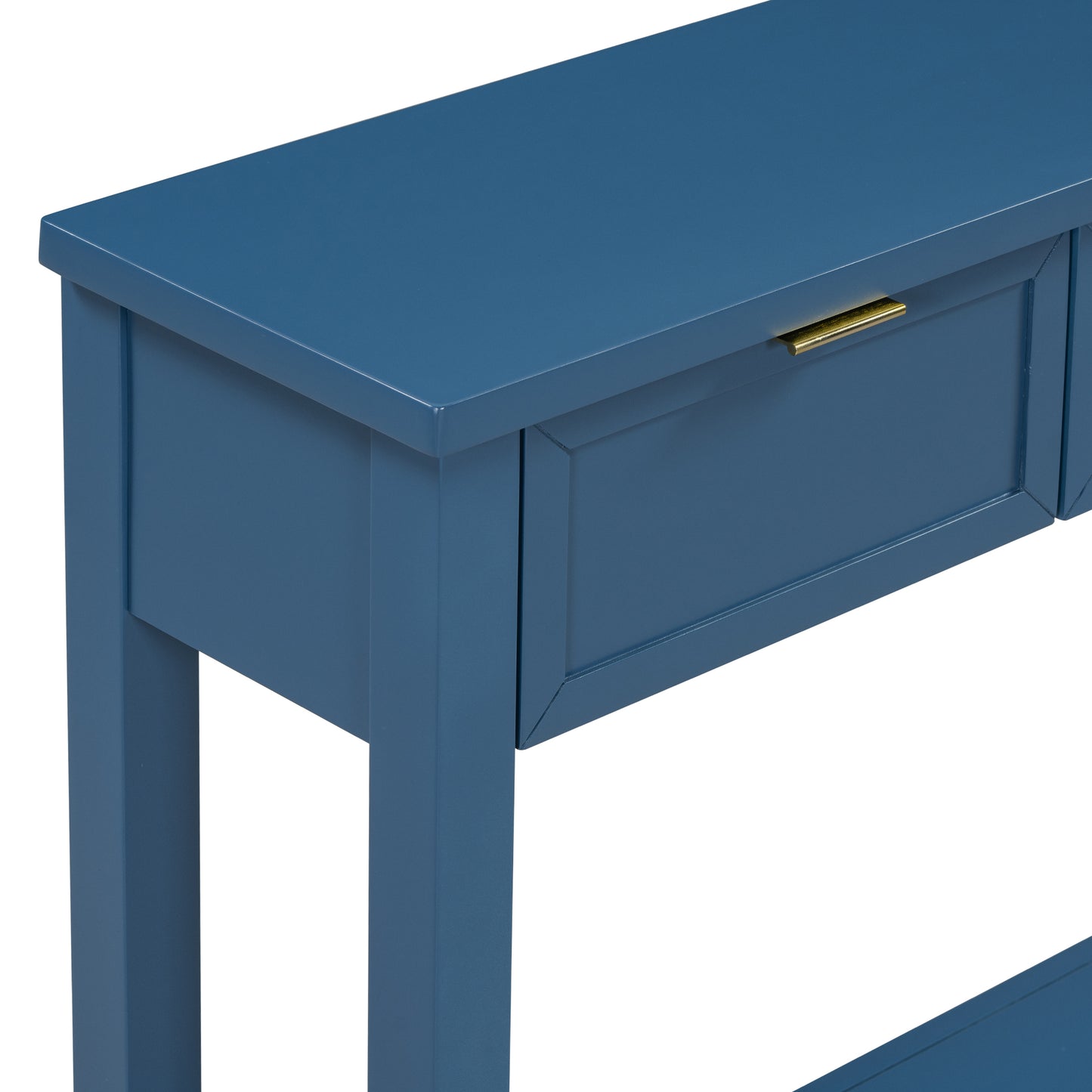 Navy blue entryway console table with brass handle
