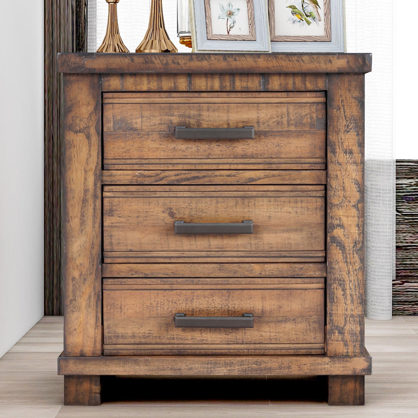 TREATLIFE HOME Reclaimed Solid Wood Farmhouse Nightstand, Three Drawer Design with Full Extension Glides, Rustic Natural Finish