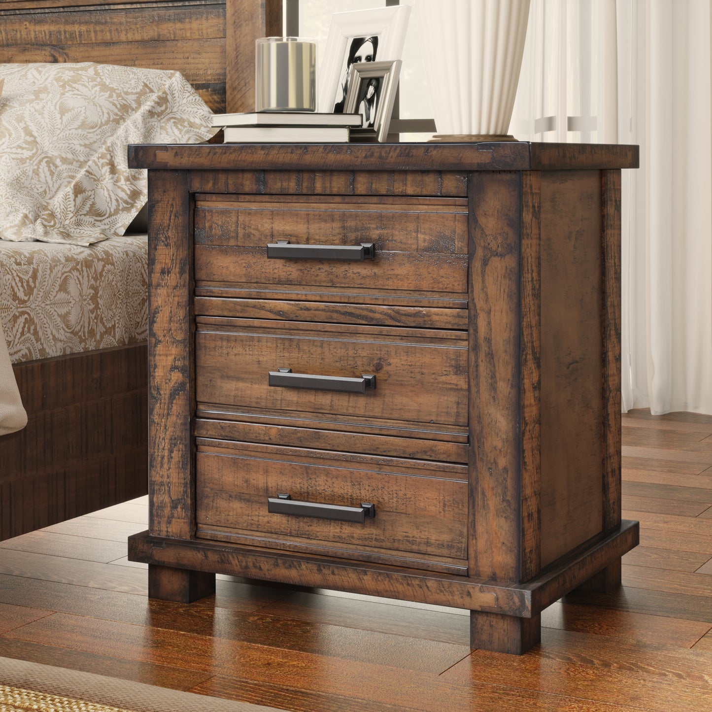 Rustic dark wood threedrawer nightstand with black metal hardware