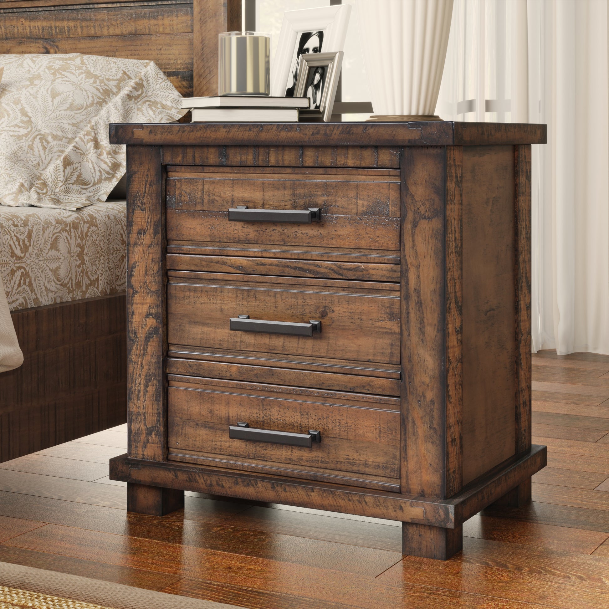 Rustic dark wood threedrawer nightstand with black metal hardware