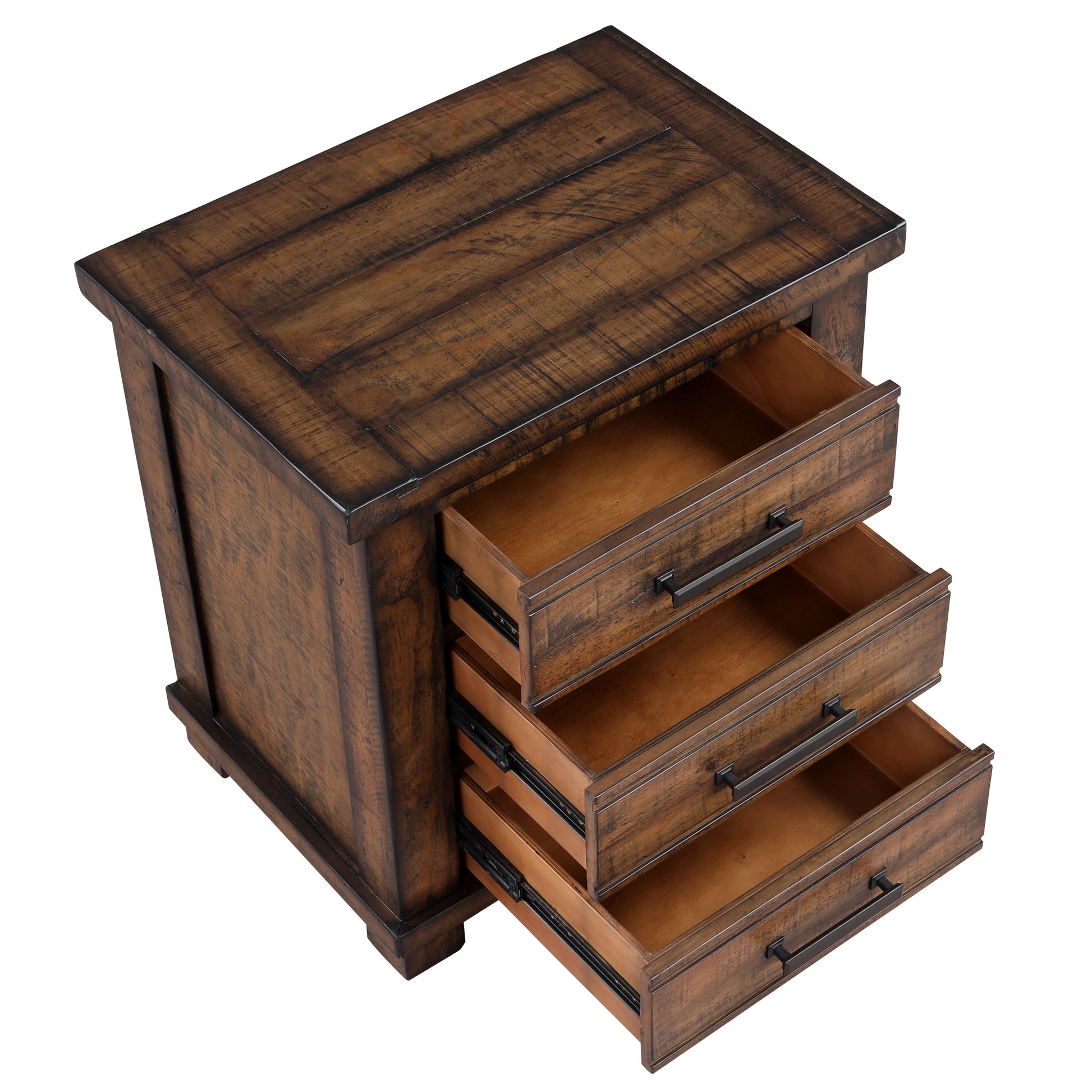 Rustic brown wood nightstand with three open drawers and black hardware